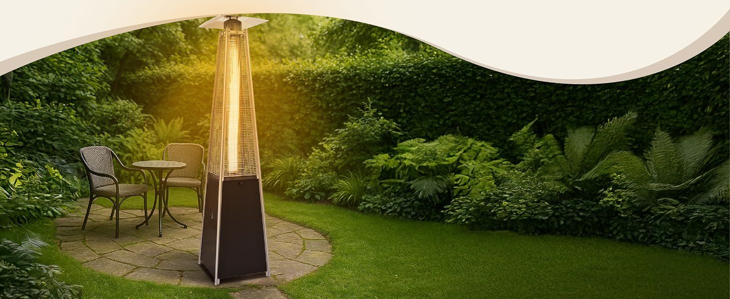 Shows the heater in a serene garden patio setting to help shoppers envision outdoor warmth and ambiance.