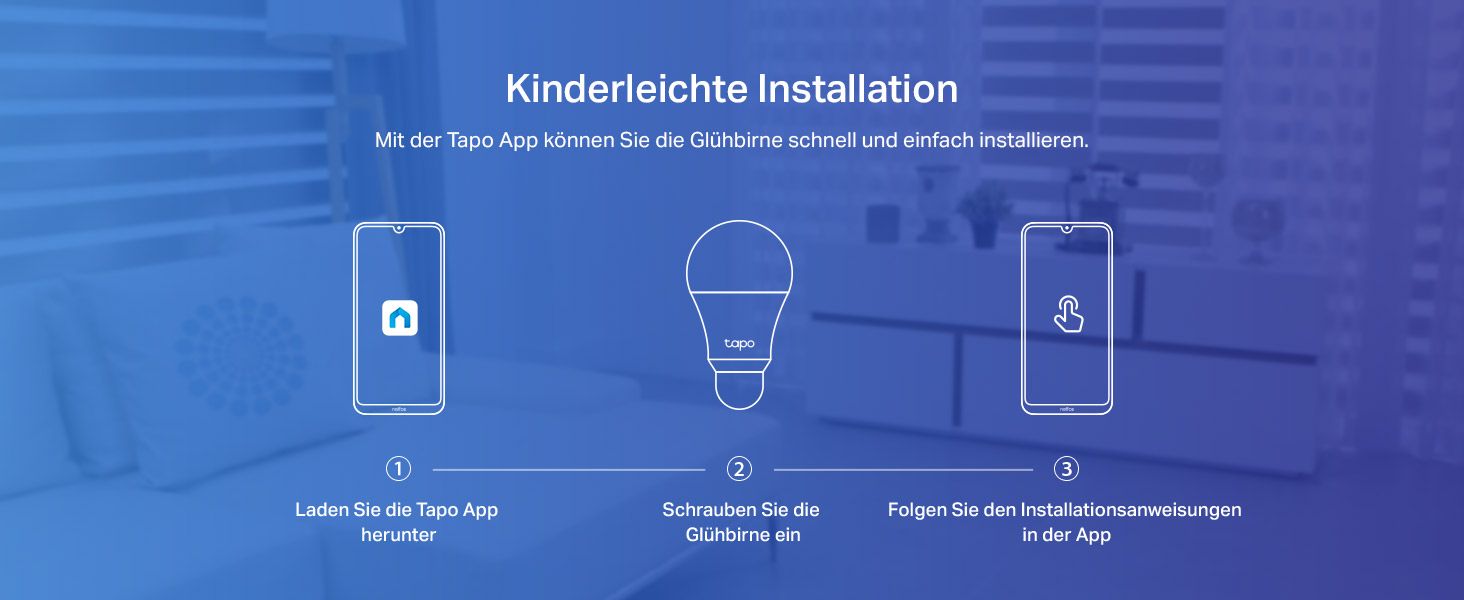 Shows shoppers that setting up the smart bulb is simple by walking through three steps: download the Tapo app, screw in the bulb, and follow in-app instructions. Reinforces that installation is…