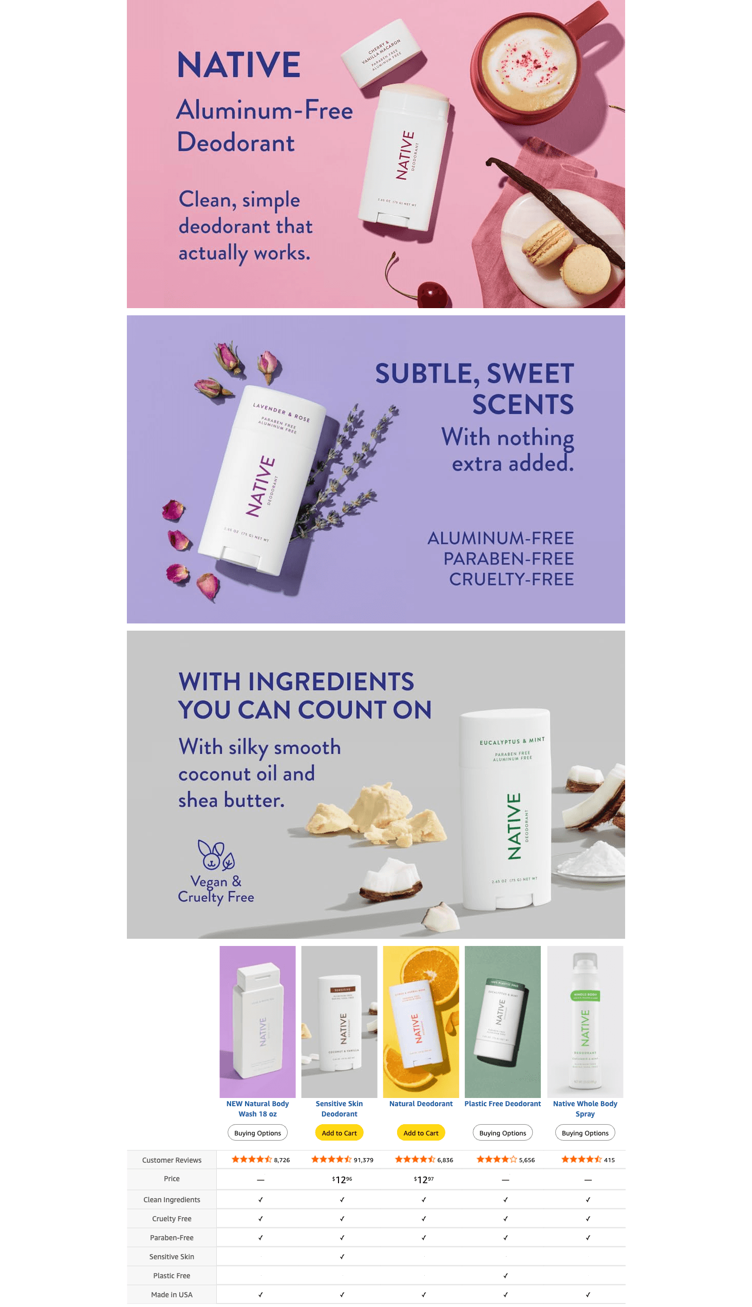 Premium A+ Content for Amazon.com : Native Deodorant Contains Naturally Derived Ingredients