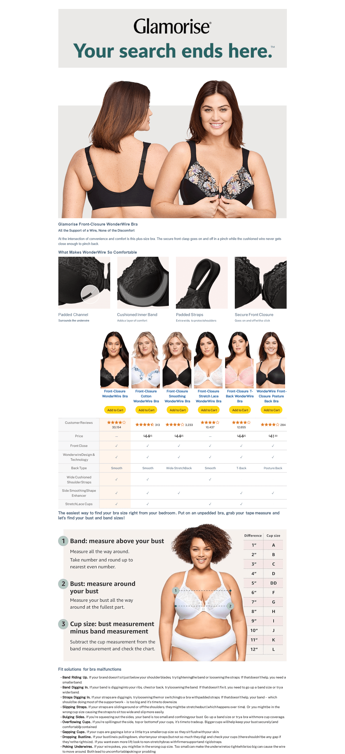 Premium A+ Content for Glamorise Full Figure Plus Size Wonderwire Front-Closure Bra Underwire #1245 Black at…