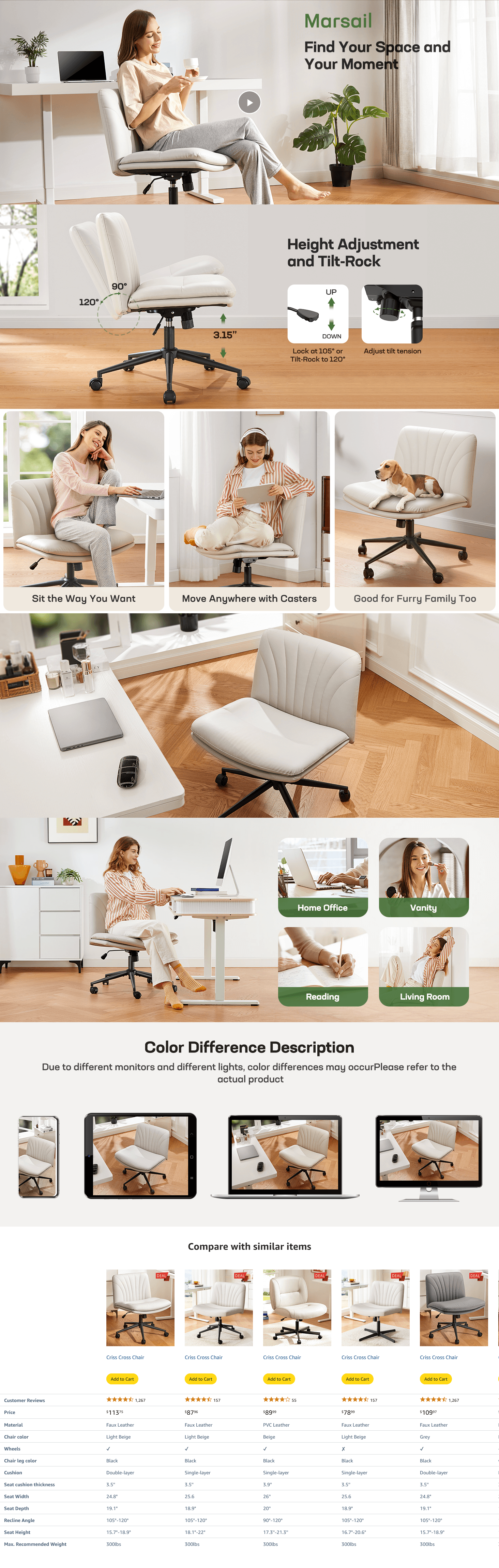 Premium A+ Content for Amazon.com: Marsail Armless-Office Desk Chair with Wheels: PU Leather Cross Legged Wide…