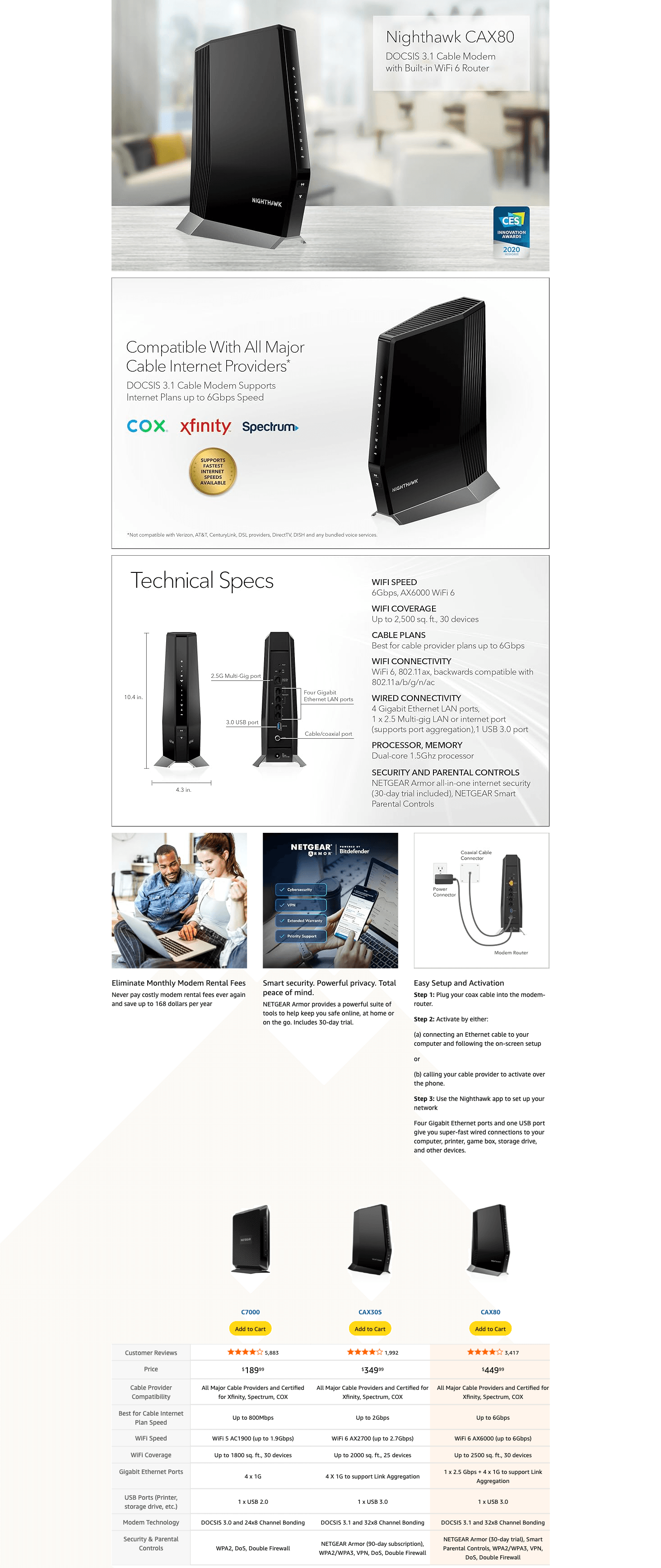 Premium A+ Content for Amazon.com: NETGEAR Nighthawk Cable Modem with Built-in WiFi 6 Router (CAX80)