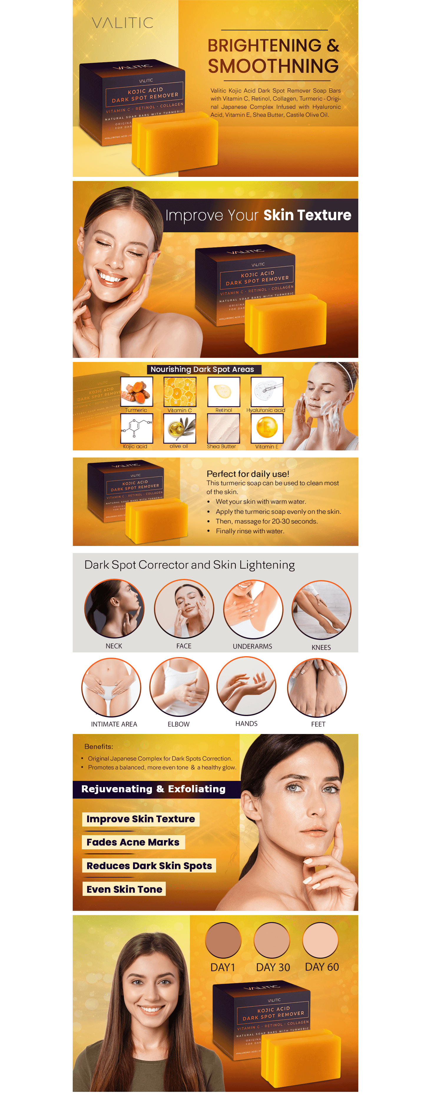 Premium A+ Content for Amazon.com : VALITIC Kojic Acid Dark Spot Remover Soap Bars with Vitamin C