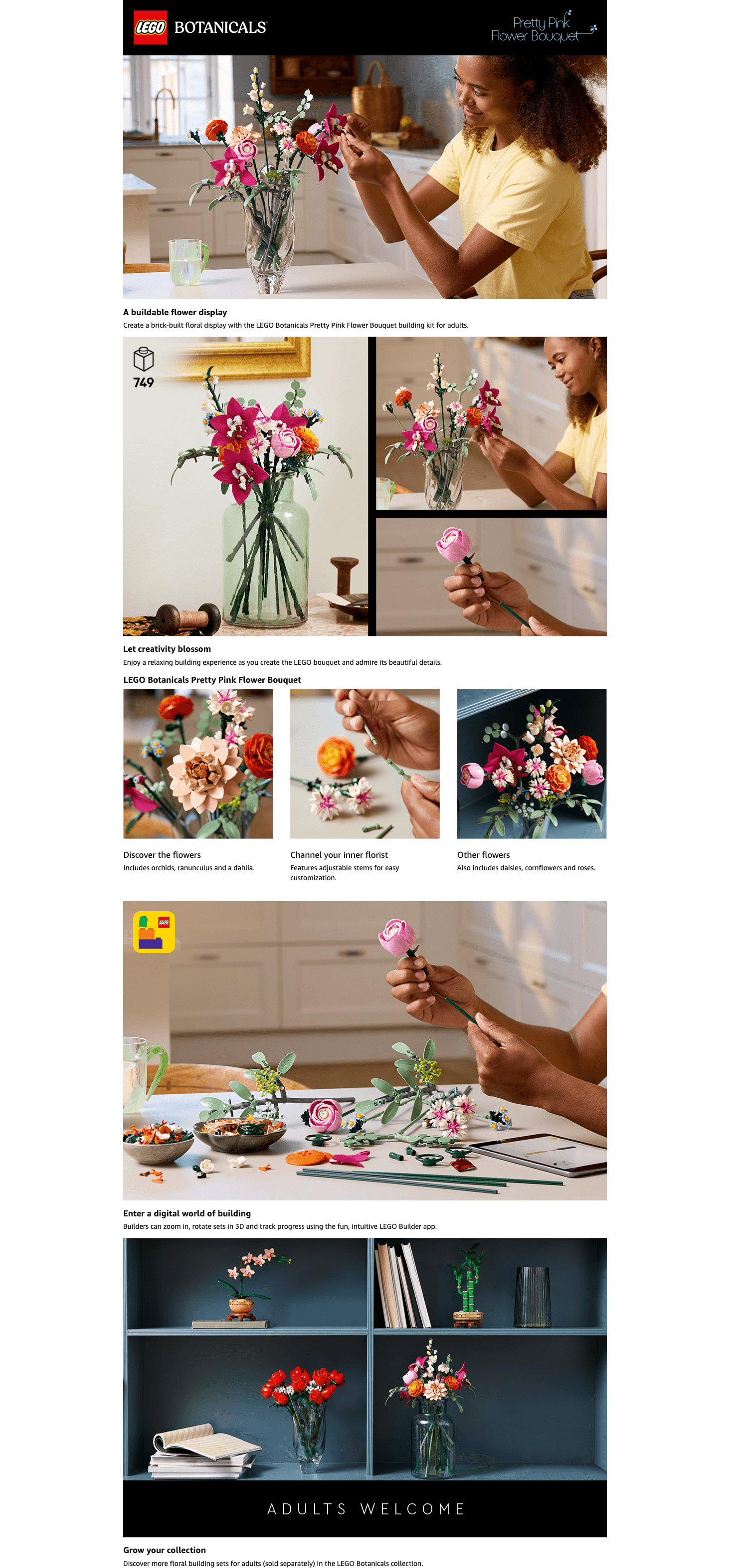 Premium A+ Content for Amazon.com: LEGO Botanicals Pretty Pink Flower Bouquet Building Set for Adults