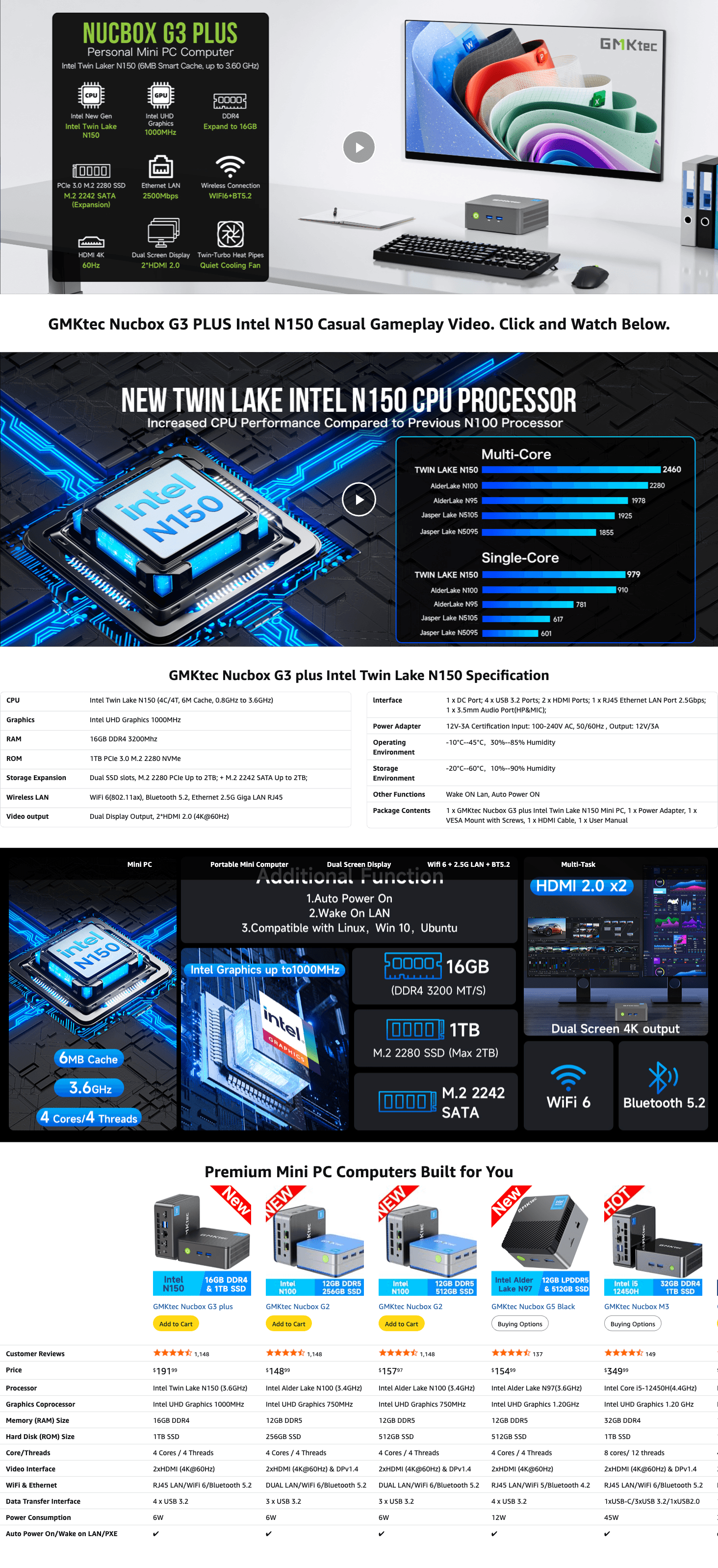 Premium A+ Content for Amazon.com: GMKtec Mini PC Intel N150 (Turbo 3.6GHz) 16GB DDR4 1TB PCIe M.2 NVMe SSD