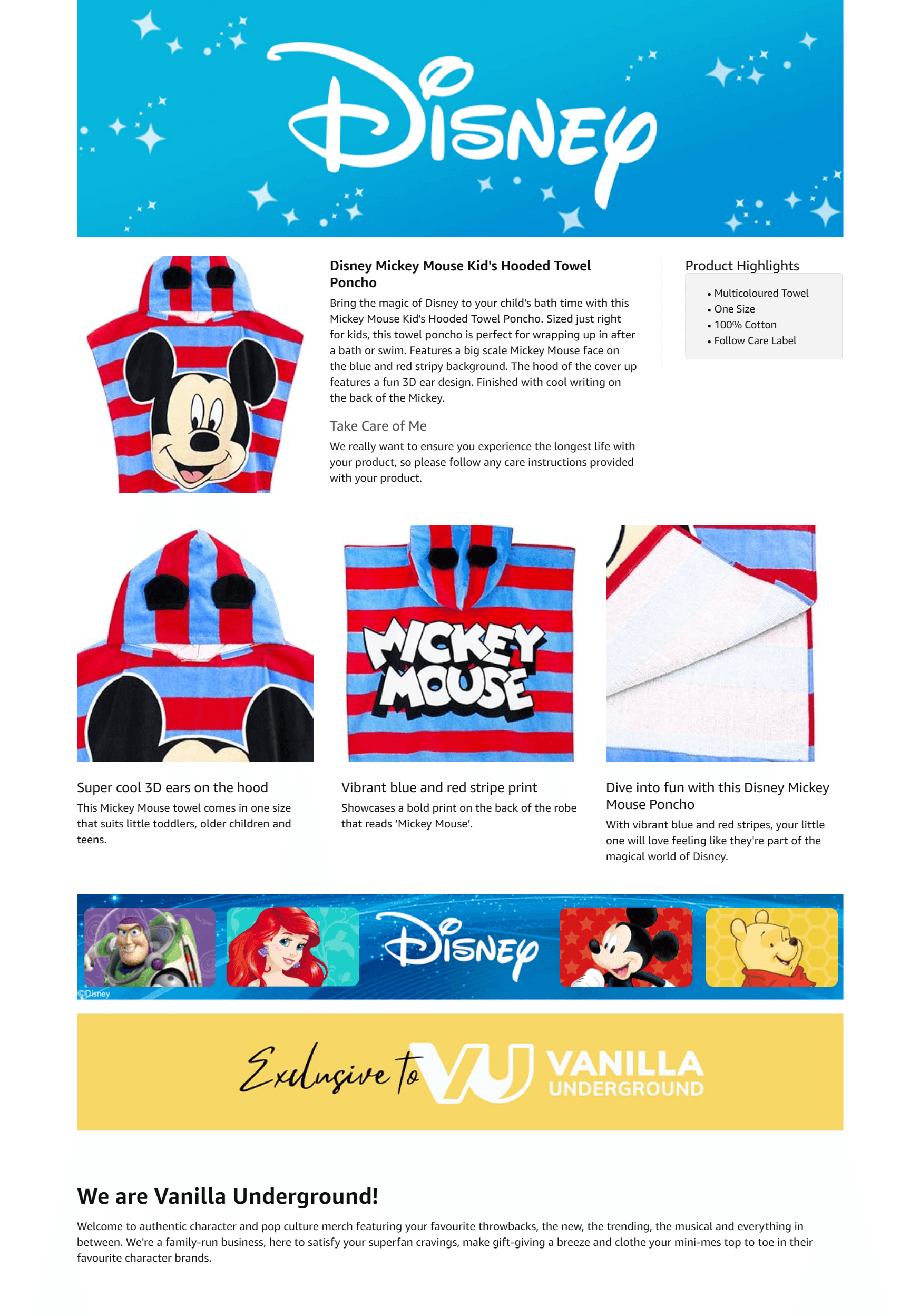 Premium A+ Content for Disney Mickey Mouse 3D Ears Poncho Towel for Kids