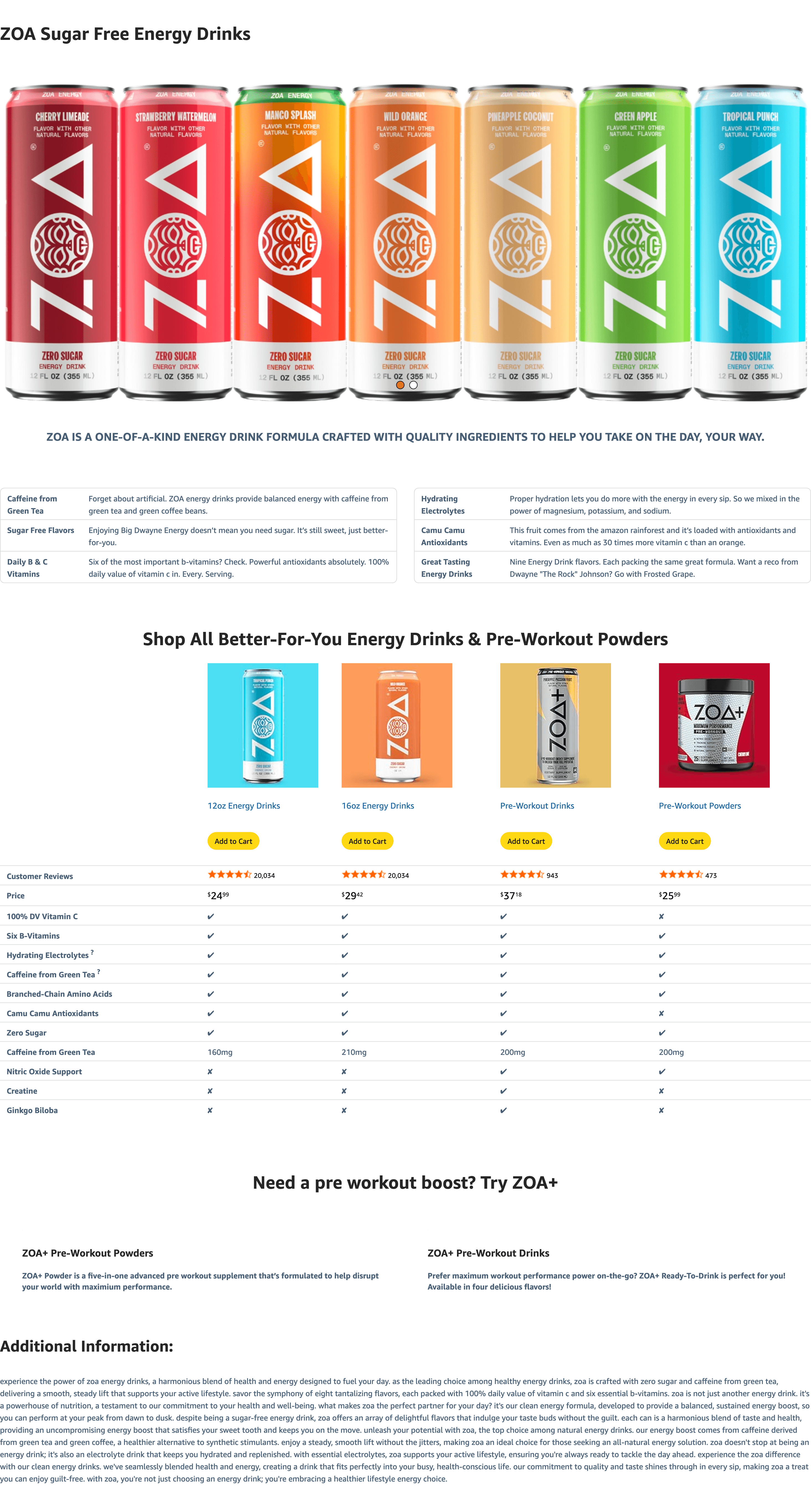 Premium A+ Content for Amazon.com: ZOA Zero Sugar Energy Drinks
