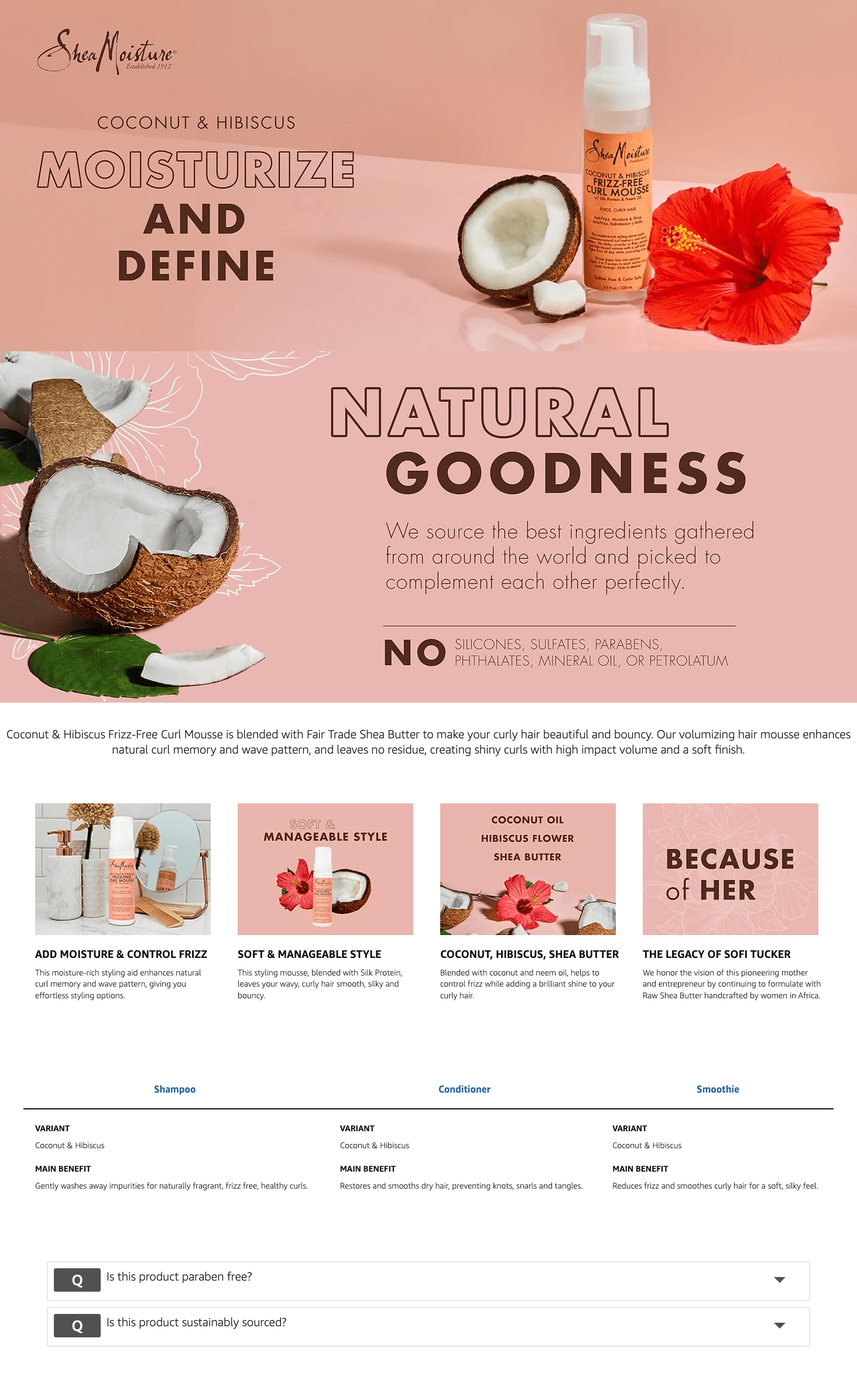Premium A+ Content for Amazon.com: Shea Moisture Curl Mousse Coconut and Hibiscus for Frizz Control Styling…