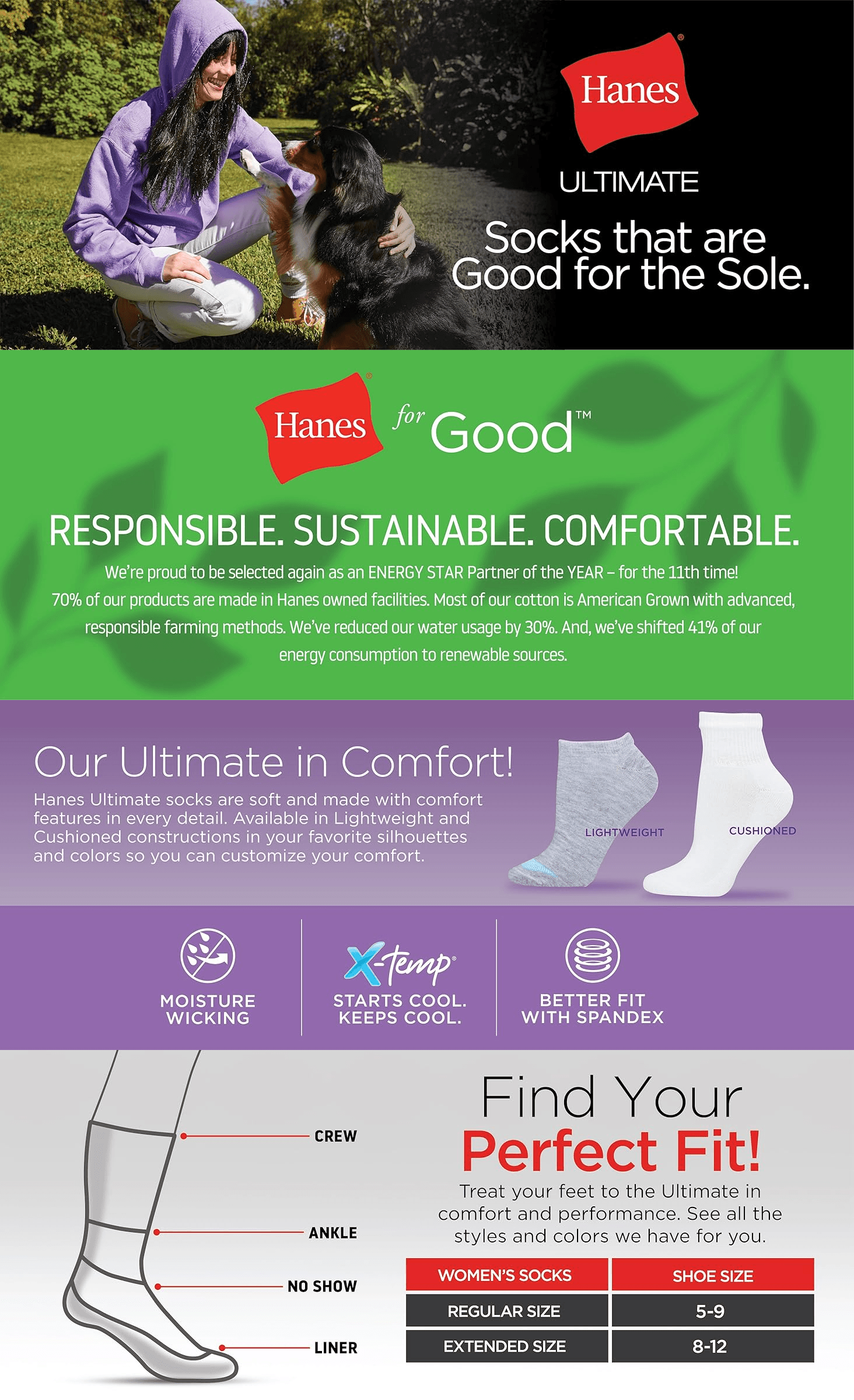 Premium A+ Content for Amazon.com: Hanes Ultimate womens 6-pack Ankle athletic socks
