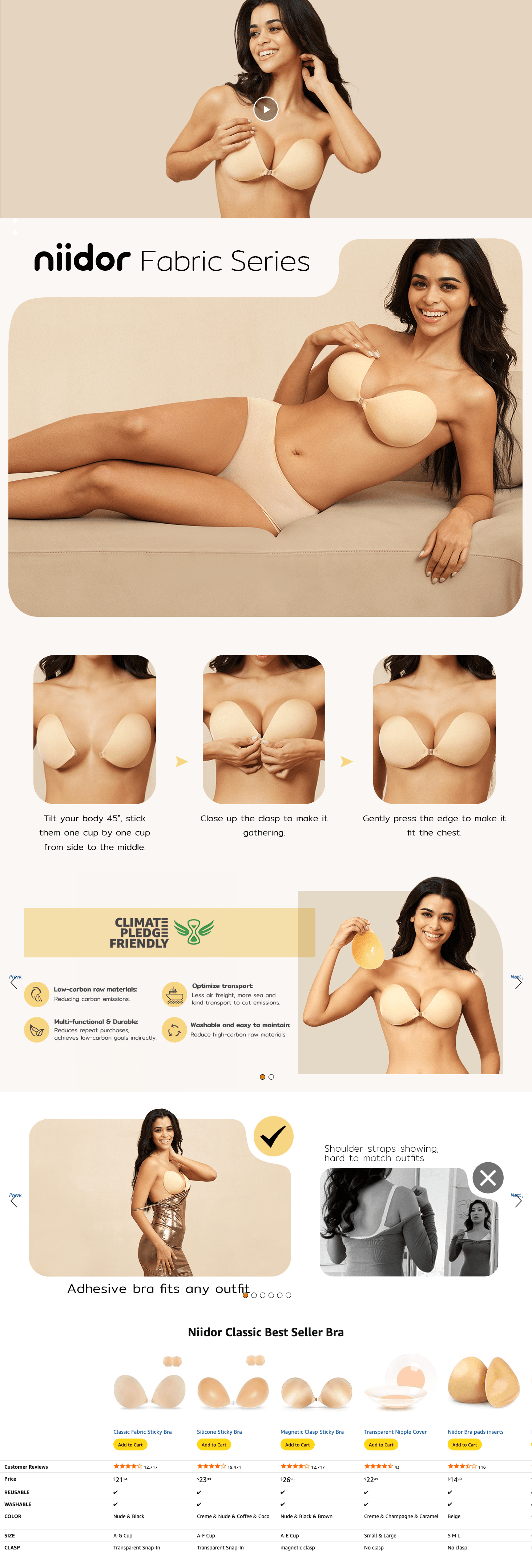 Premium A+ Content for Niidor Strapless Bras for Women Sticky Bra Push Up Invisible Backless Bra with Nipple…