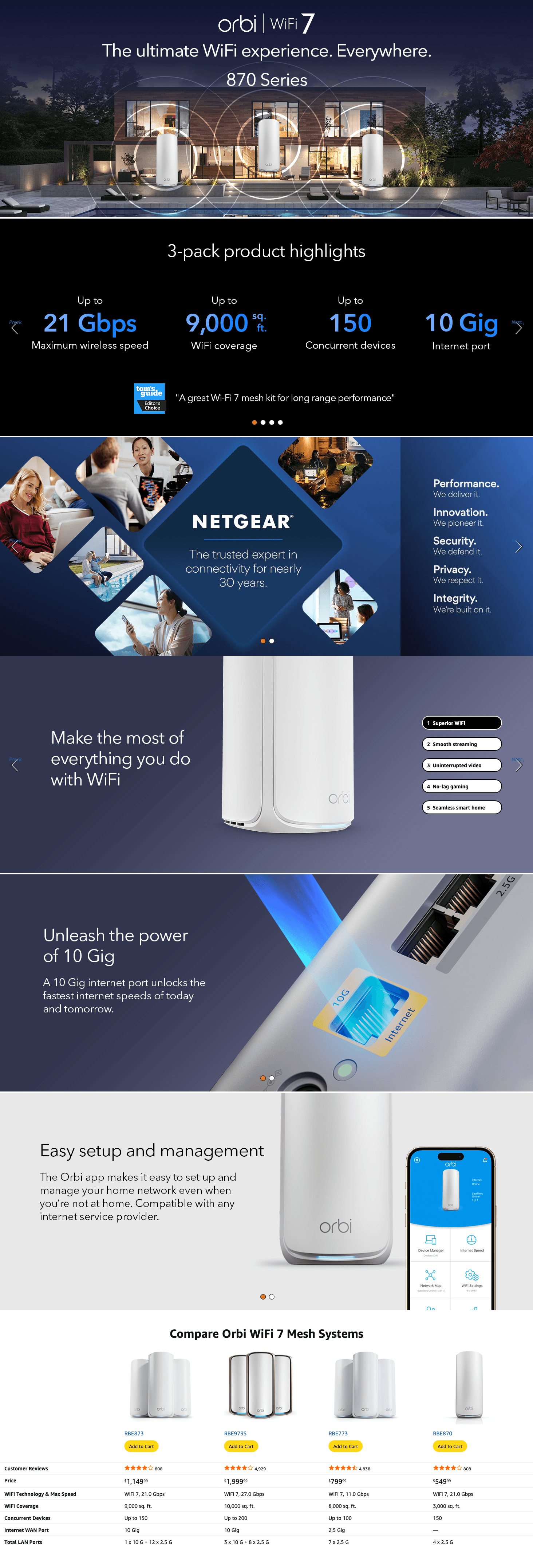 Premium A+ Content for Amazon.com: NETGEAR Orbi 870 Series Tri-Band WiFi 7 Mesh System (RBE873)