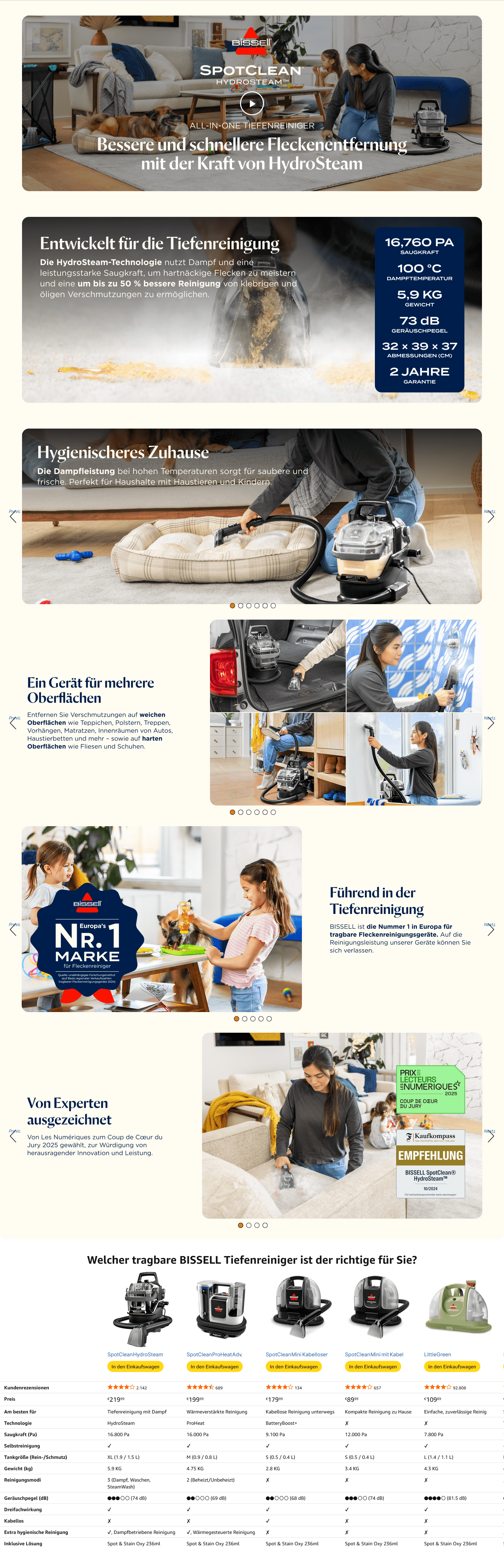 Premium A+ Content for Amazon.de: BISSELL SpotClean HydroSteam Teppichreiniger & Dampfreiniger 1000W 3689N