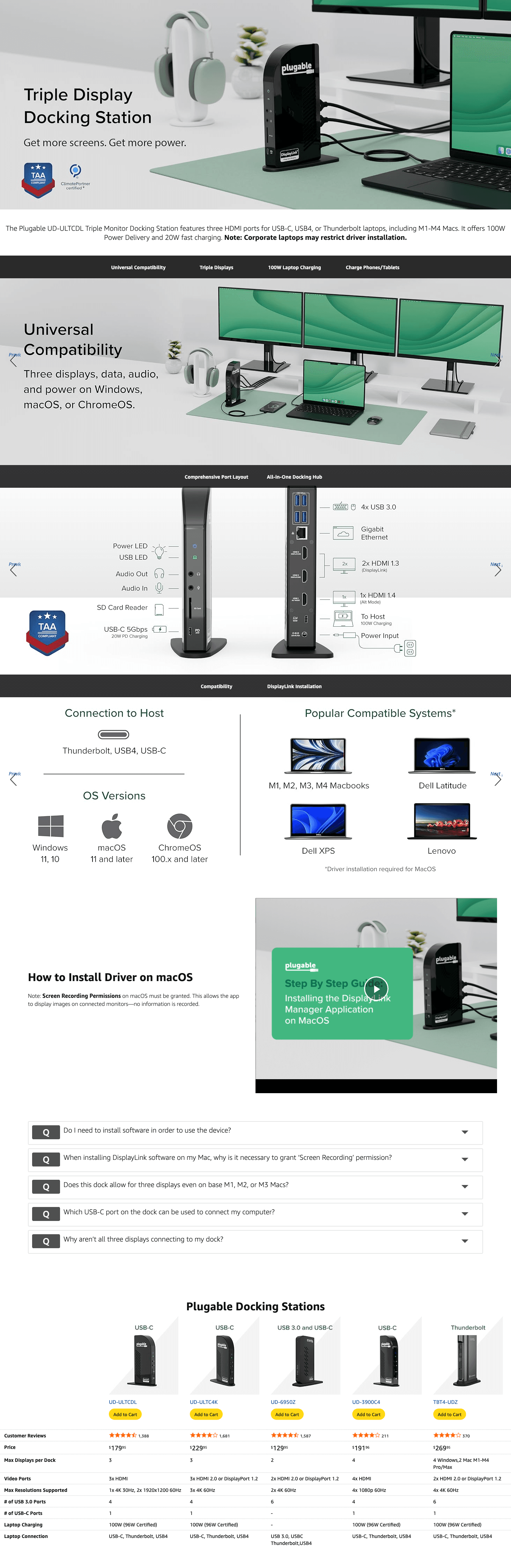 Premium A+ Content for Amazon.com: Plugable 13-in-1 USB-C Triple Monitor Docking Station
