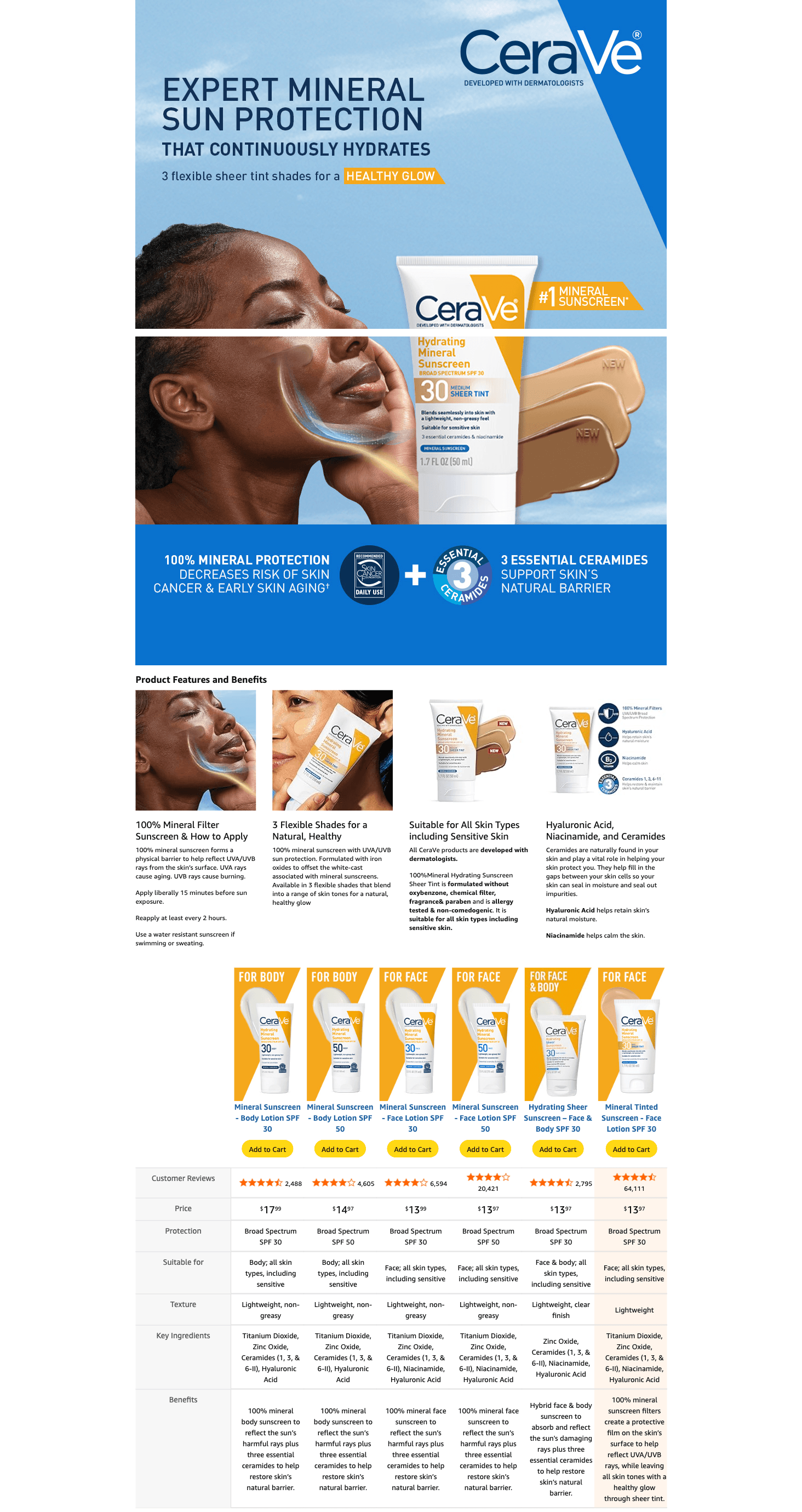 Premium A+ Content for Amazon.com: CeraVe Hydrating Mineral Sunscreen SPF 30 with Sheer Tint