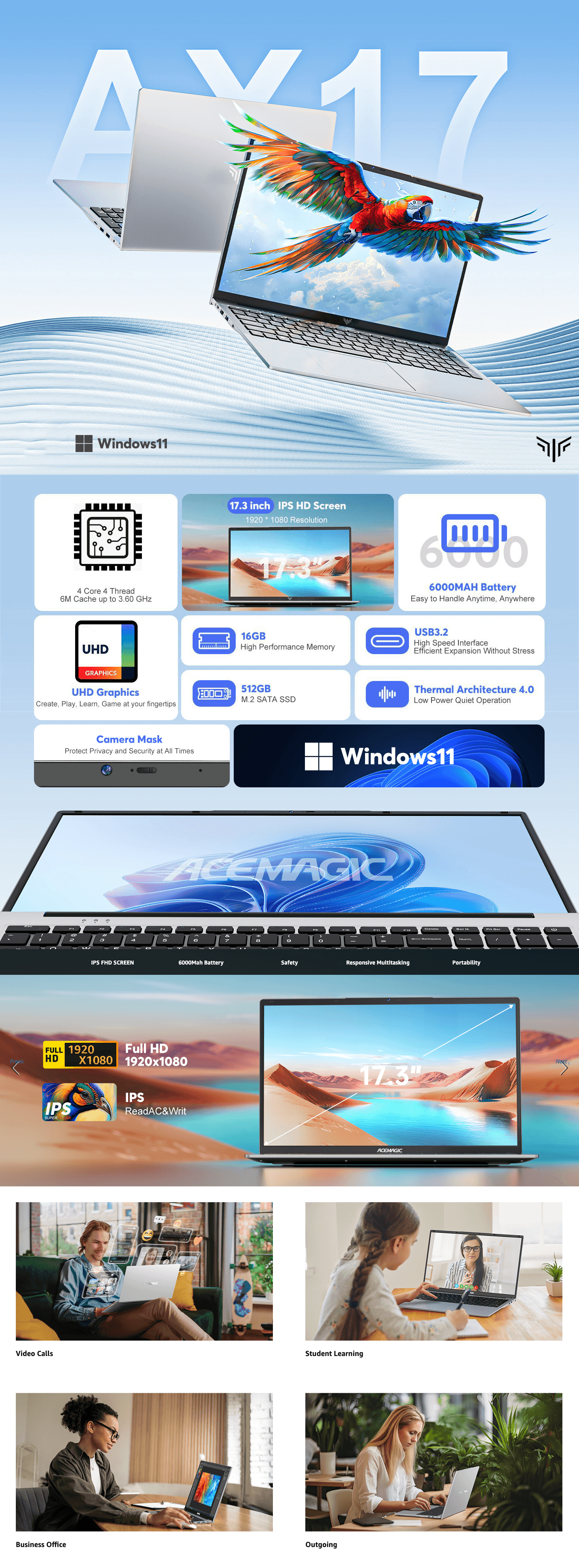 Premium A+ Content for ACEMAGIC 17.3" Laptop with Quad Core-12th Alder Lake N97 Processor