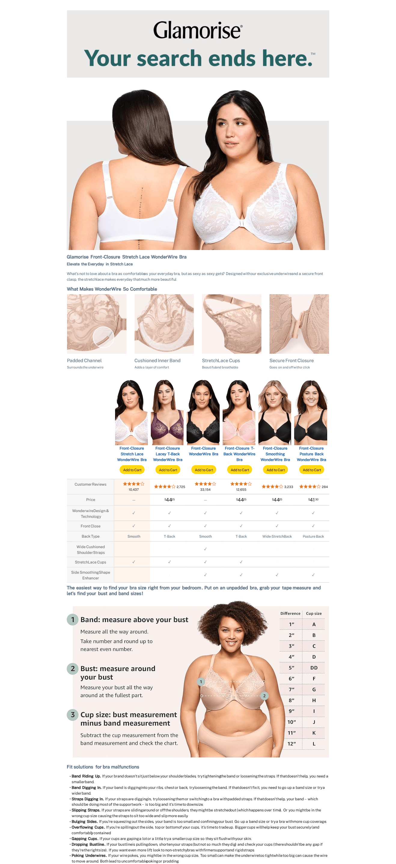 Premium A+ Content for Full Figure Plus Size Wonderwire Front-Closure Stretch Lace Bra Underwire #9245 Black at…