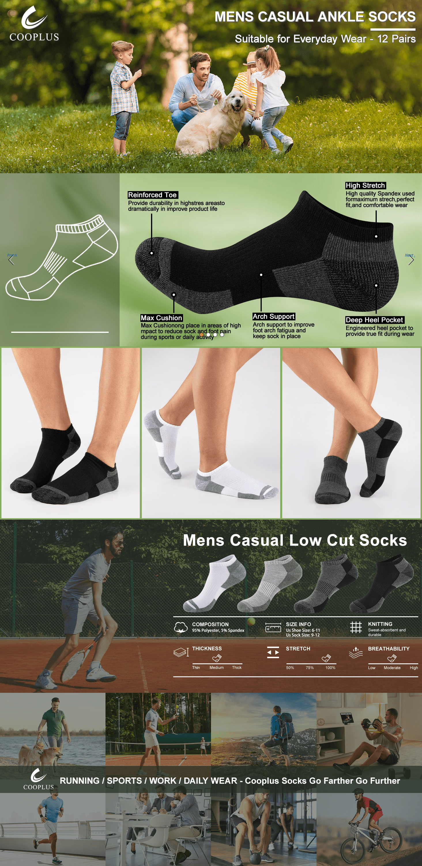 Premium A+ Content for Amazon.com: COOPLUS 12 Pack Mens Cushioned Ankle Socks