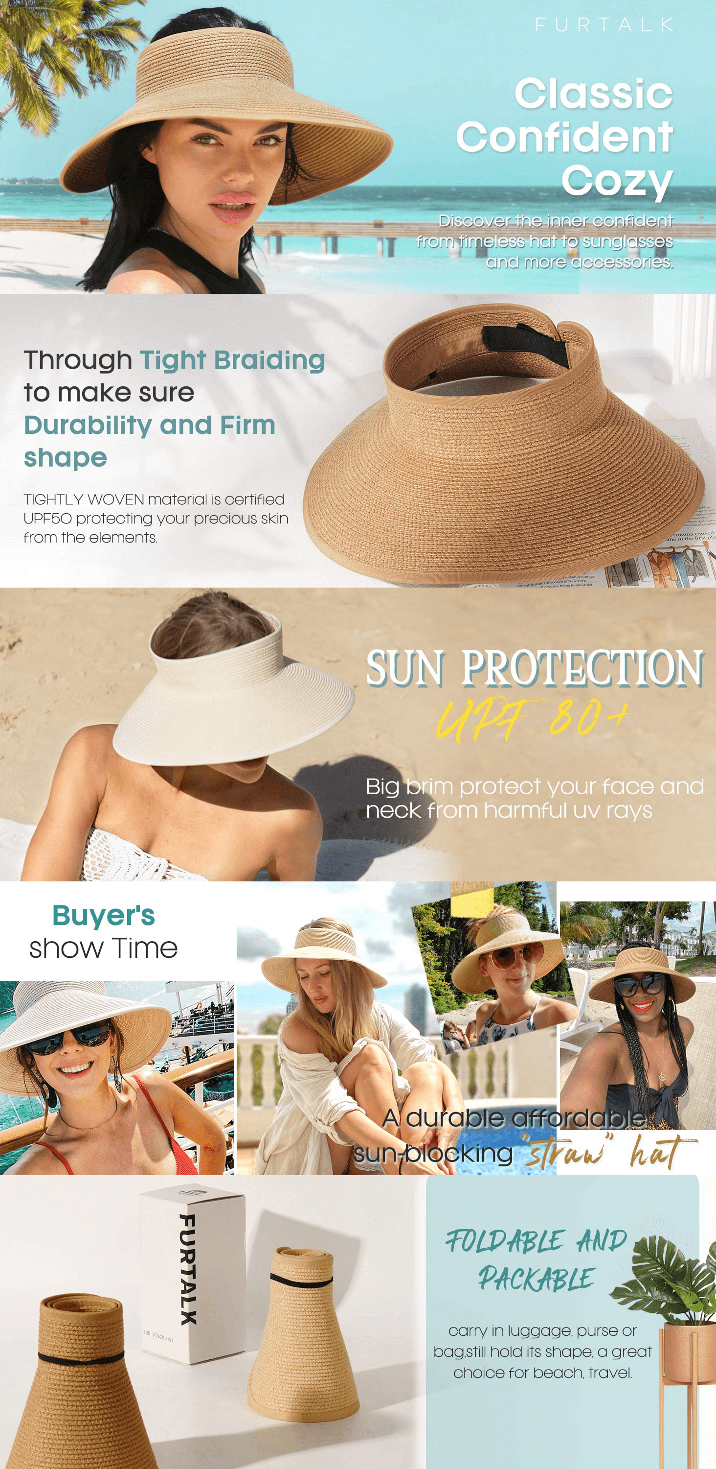 Premium A+ Content for FURTALK Sun Visor Hats for Women Wide Brim Straw Ponytail Summer Beach Hat UV UPF…