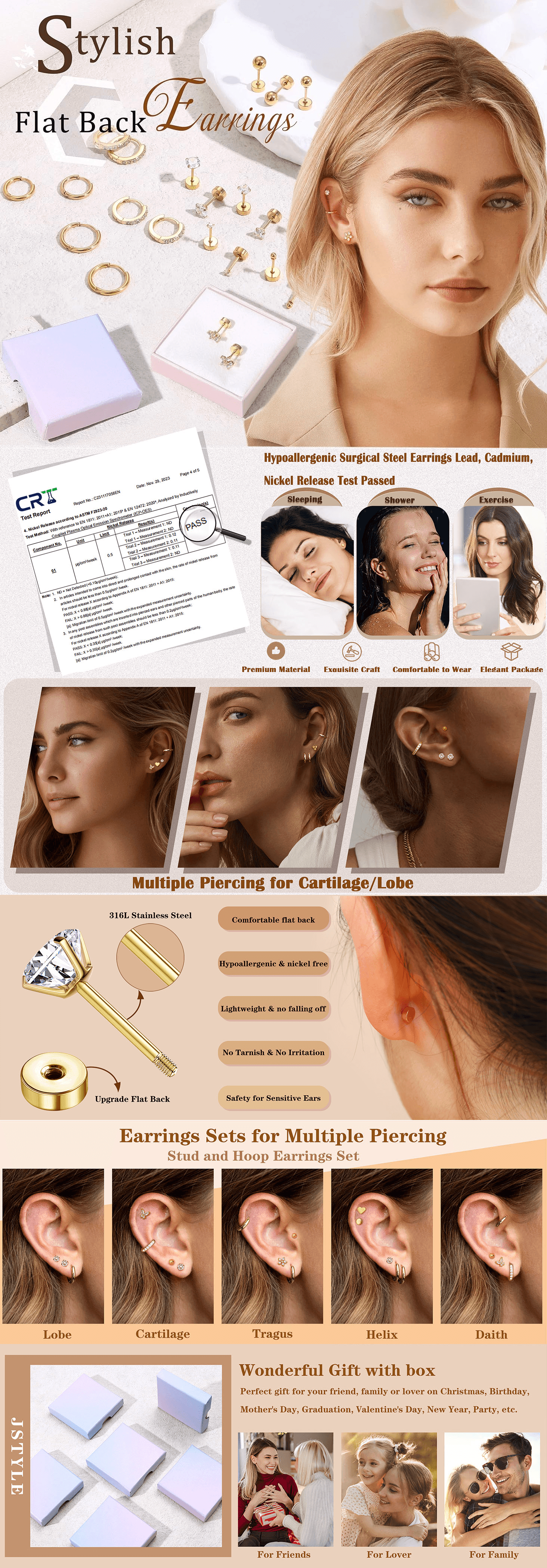 Premium A+ Content for Amazon.com: Jstyle Hypoallergenic Surgical Steel Earrings for Sensitive Ears 14K Gold…