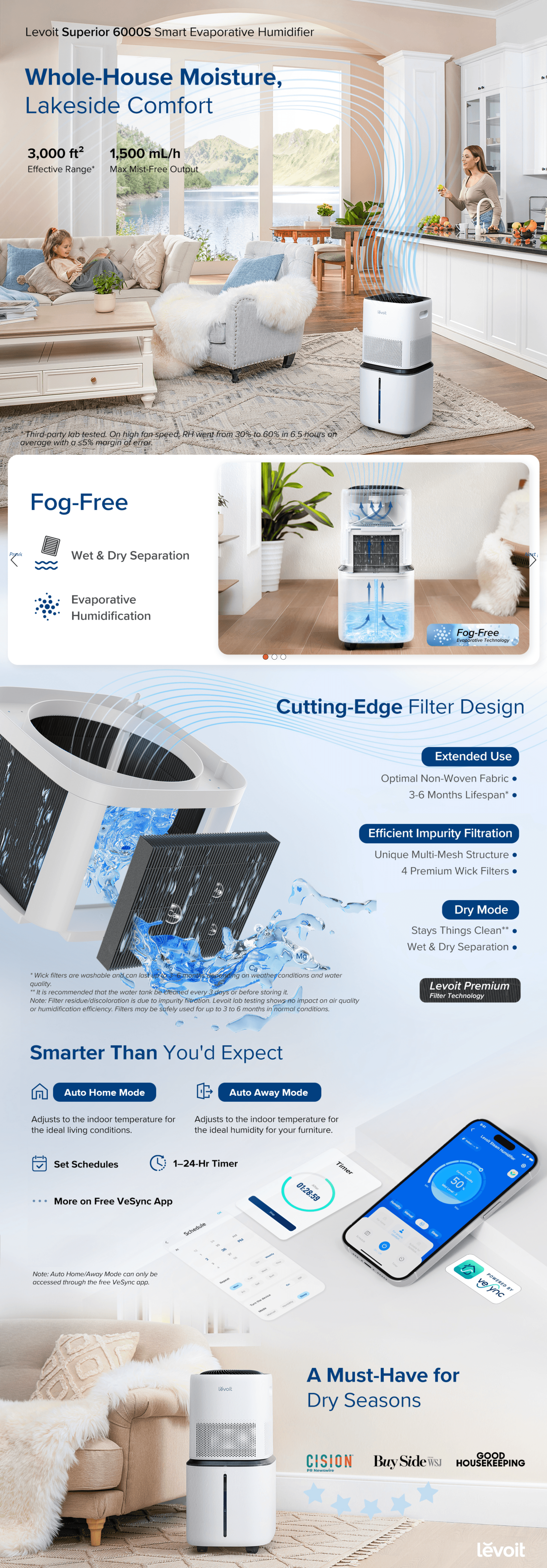 Premium A+ Content for Amazon.com: LEVOIT Superior 6000S Smart Evaporative Humidifiers for Home Whole House up…