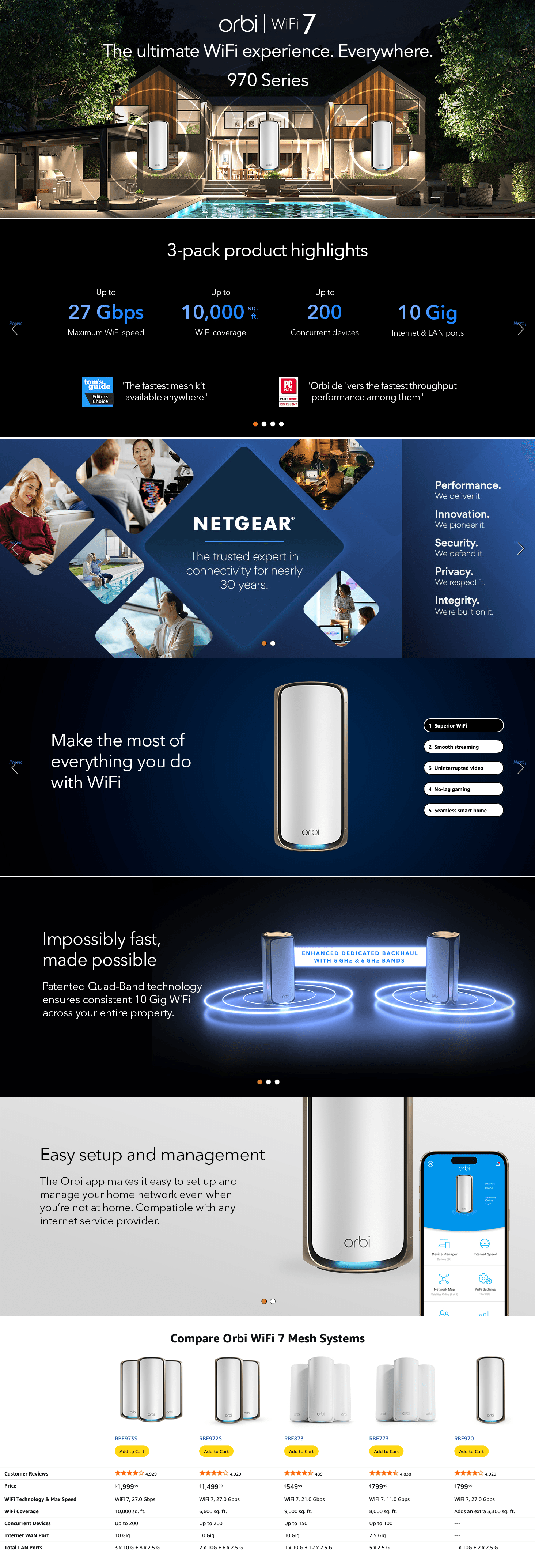 Premium A+ Content for Amazon.com: NETGEAR Orbi 970 Series Quad-Band WiFi 7 Mesh Network System (RBE973S)