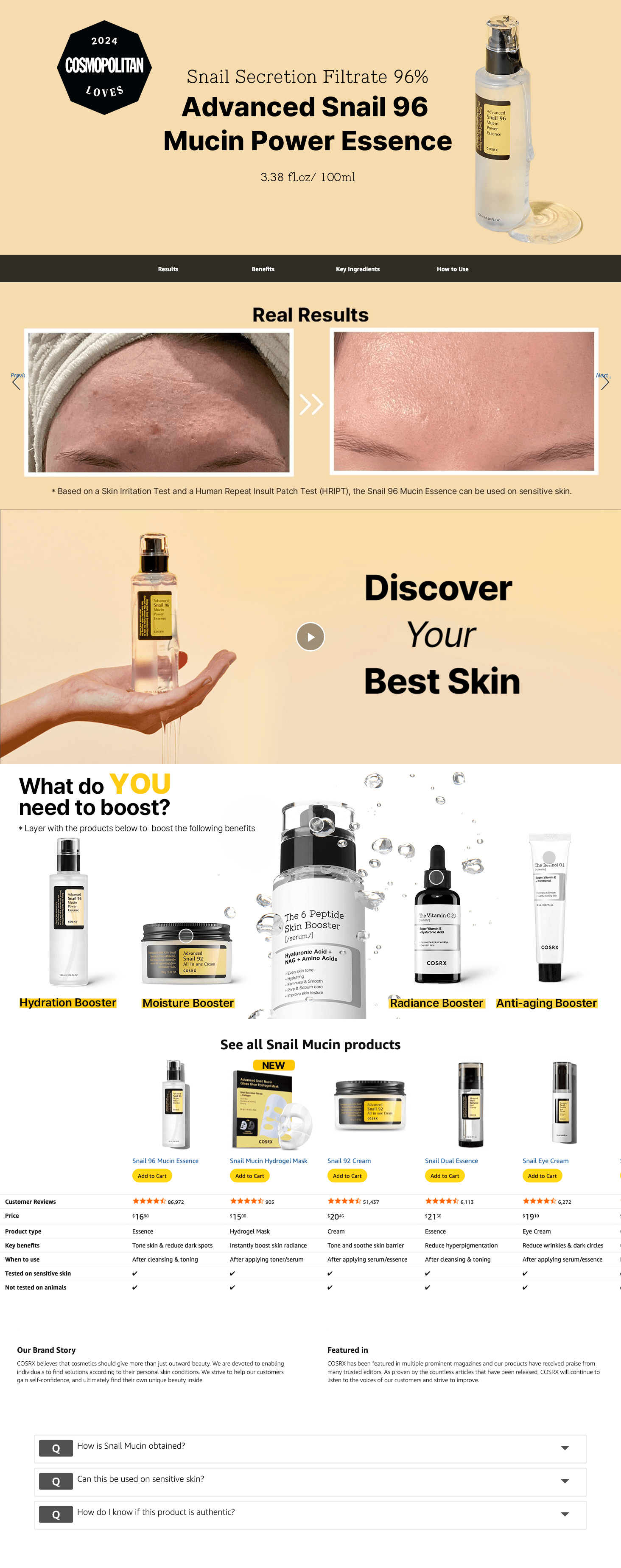 Premium A+ Content for Amazon.com: COSRX Snail Mucin 96% Power Repairing Essence 3.38 fl.oz 100ml