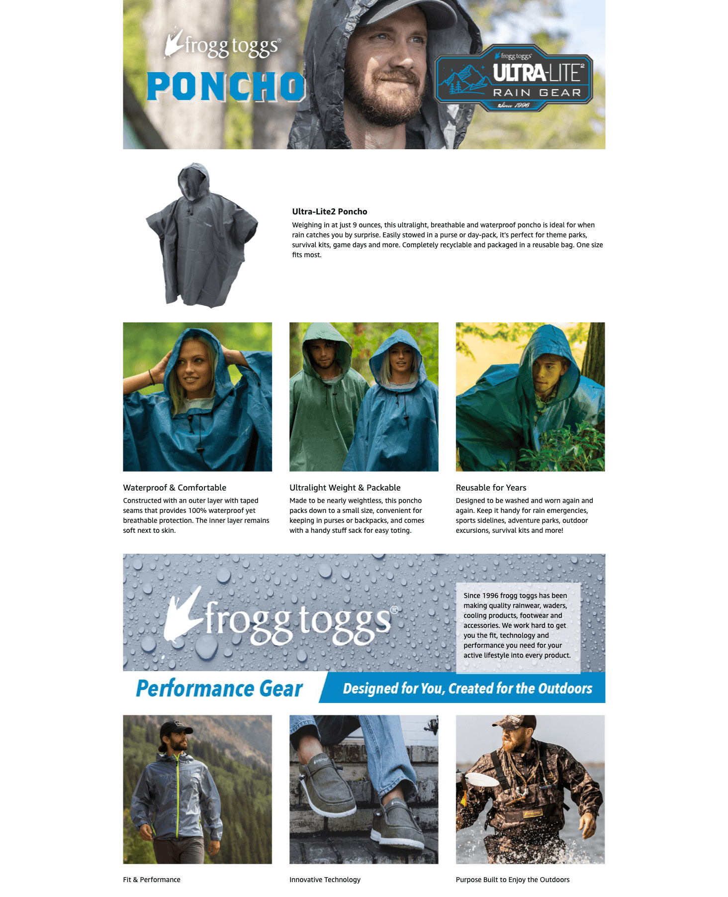 Premium A+ Content for Amazon.com: FROGG TOGGS Ultra-Lite2 Reusable Waterproof Breathable Poncho : Clothing