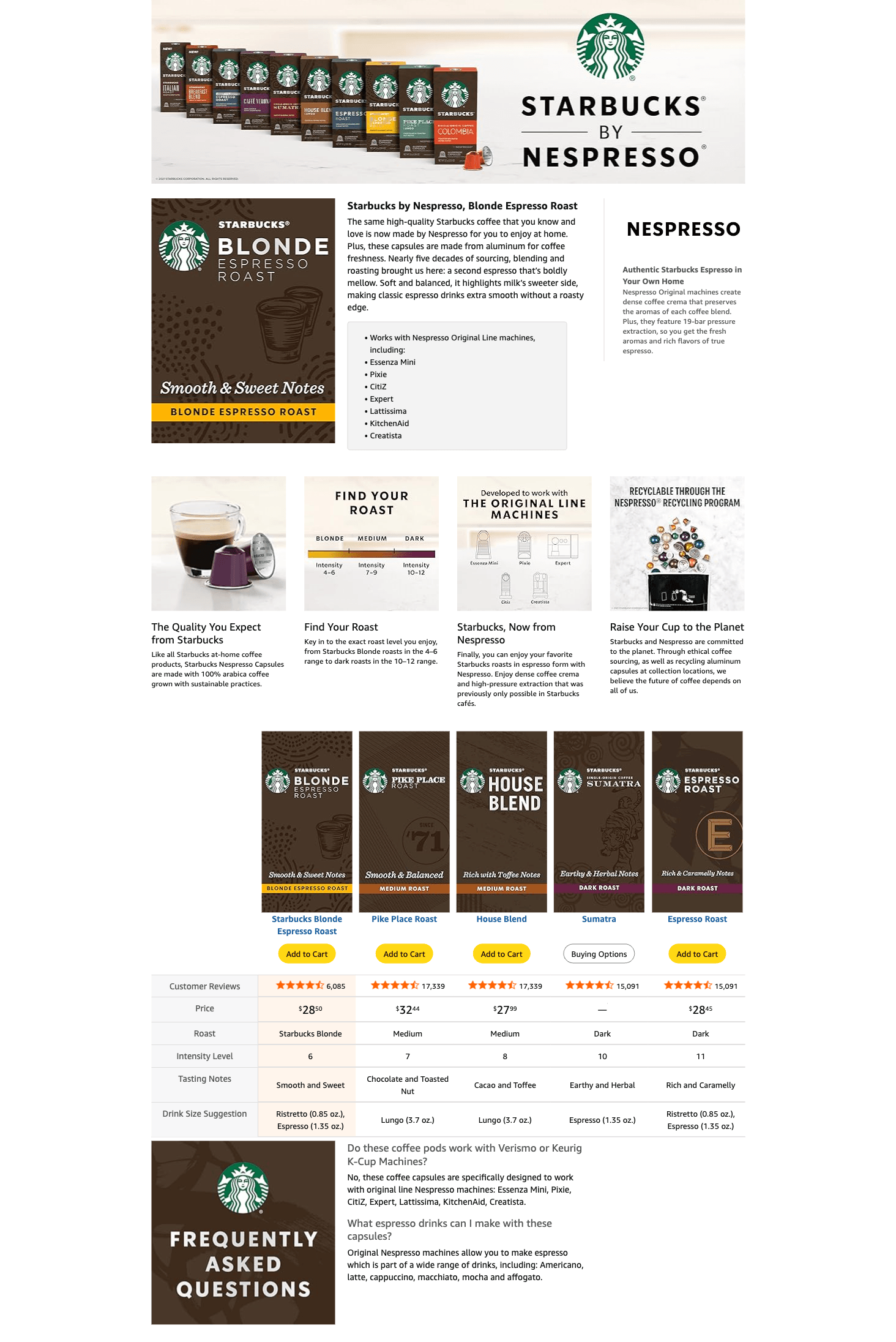 Premium A+ Content for Amazon.com: Starbucks by Nespresso Original Line Blonde Roast Espresso 50-count Espresso…