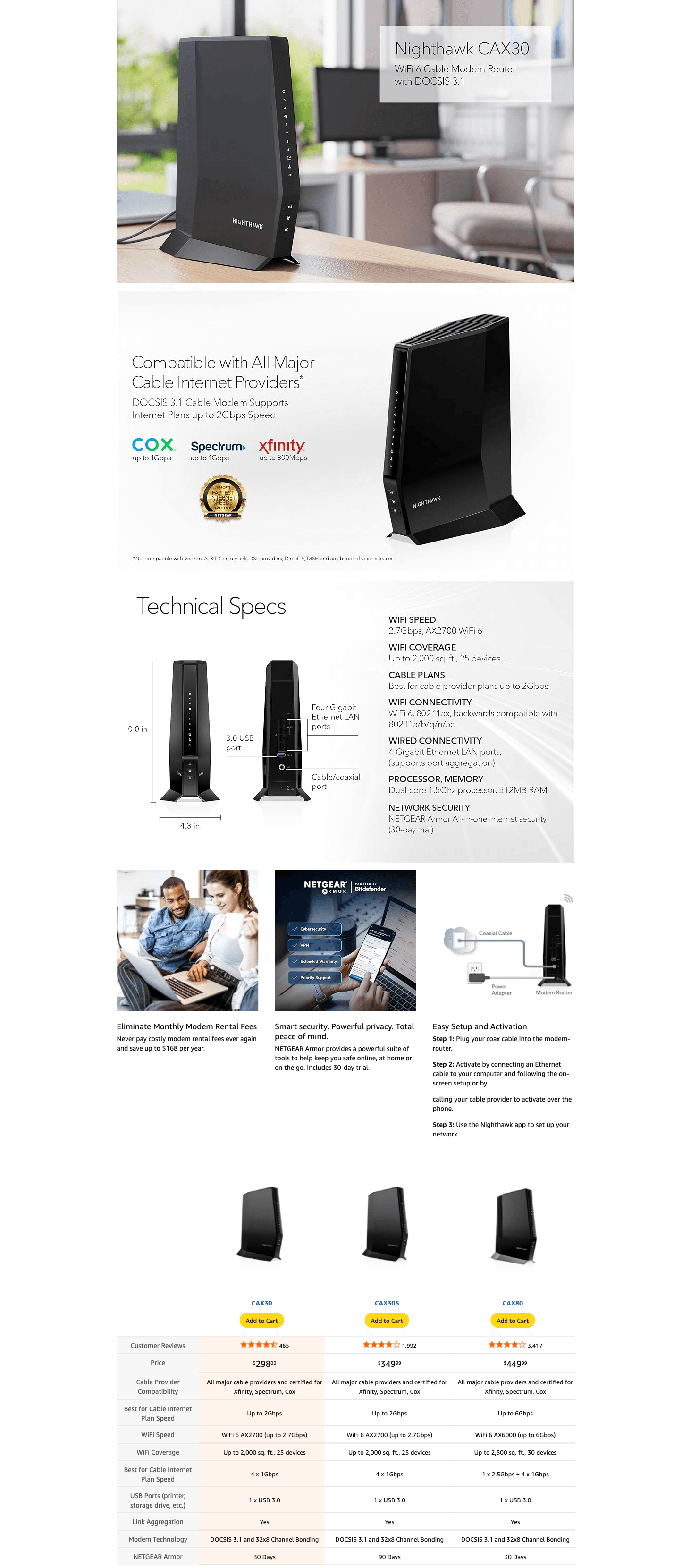 Premium A+ Content for Amazon.com: NETGEAR Nighthawk Modem Router Combo (CAX30) DOCSIS 3.1 Cable Modem and WiFi…