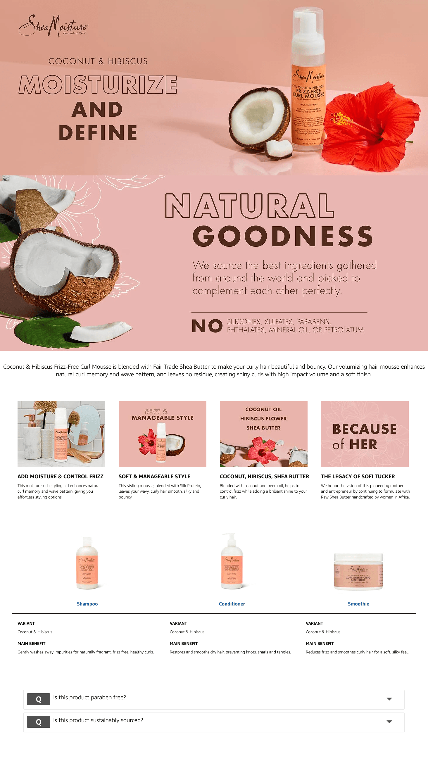 Premium A+ Content for Amazon.com: Shea Moisture Curl Mousse Coconut and Hibiscus for Frizz Control Styling…