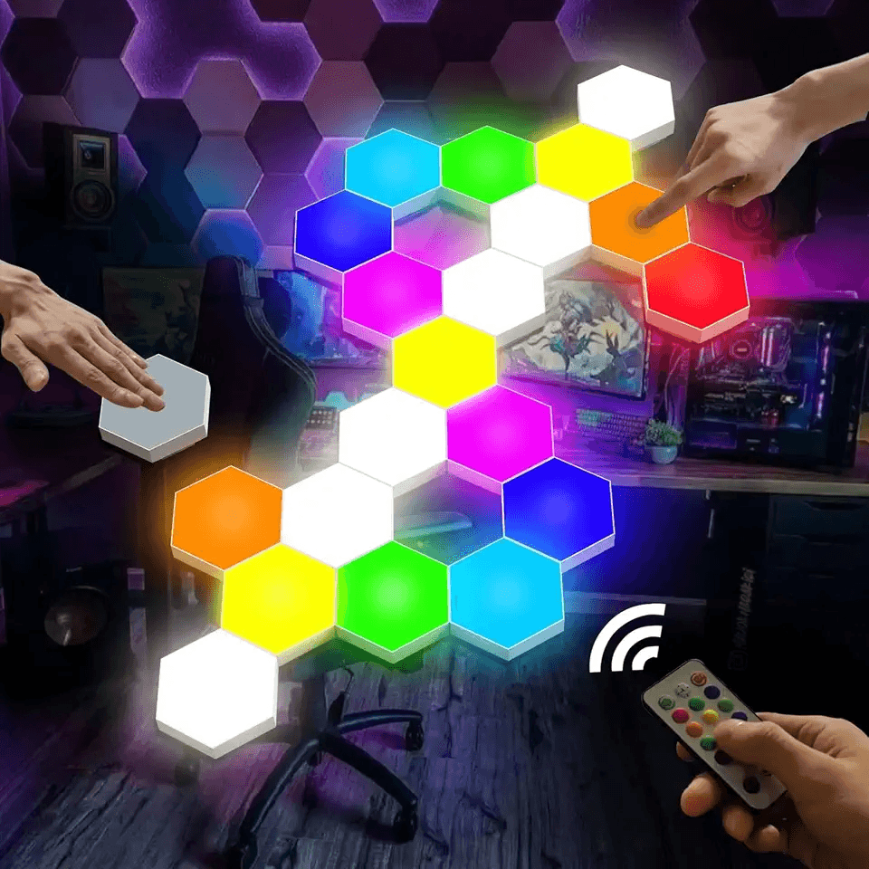Demonstrates the product in a real-world gaming or home office setup to show how the modular hexagonal lights create ambient lighting and can be customized with touch control and remote.