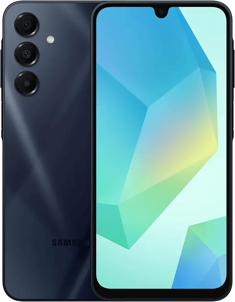 Showcases the sleek design and triple camera setup of the Samsung smartphone.