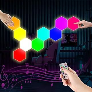 Demonstrates the product in a real-world bedroom setting to showcase its colorful hexagonal design, music synchronization capability, and remote control functionality for ambient lighting.