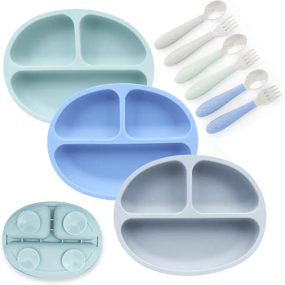 Main Images for Elk and Friends Silicone Suction Plate for Babies/Toddlers + Stainless Steel Silverware…