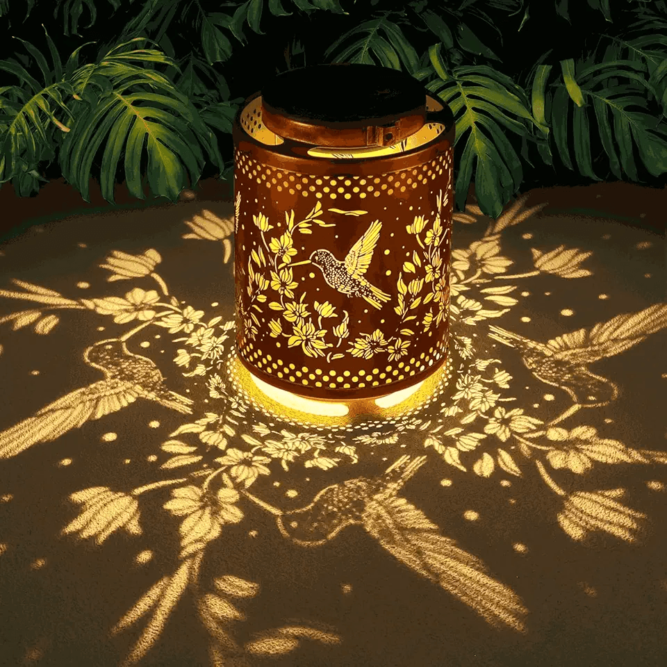 Showcase the product's ambient lighting effect and intricate design pattern Highlight the unique light projection feature of the product
