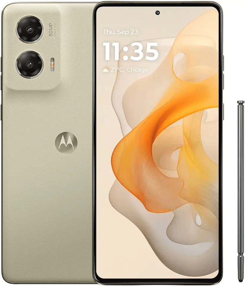 Showcases the sleek design of the Motorola smartphone, highlighting its dual camera system and stylus accessory.