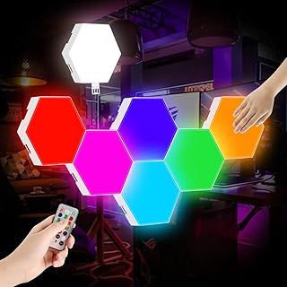 Demonstrates the product in a real-world bedroom or living space setting to show how the colorful hexagonal LED panels can be arranged and used for ambient lighting and decor.