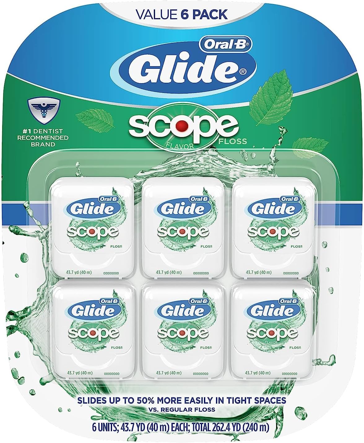 Showcases the product packaging and highlights that it is a value 6-pack of Oral-B Glide Scope flavored floss, communicating the quantity and flavor variety included.