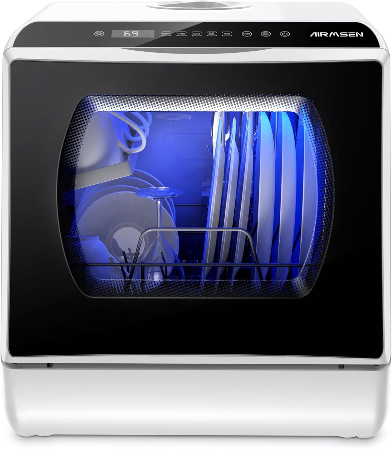 The image showcases the dishwasher's interior lighting feature by displaying the illuminated interior with dishes loaded, highlighting a key product benefit.