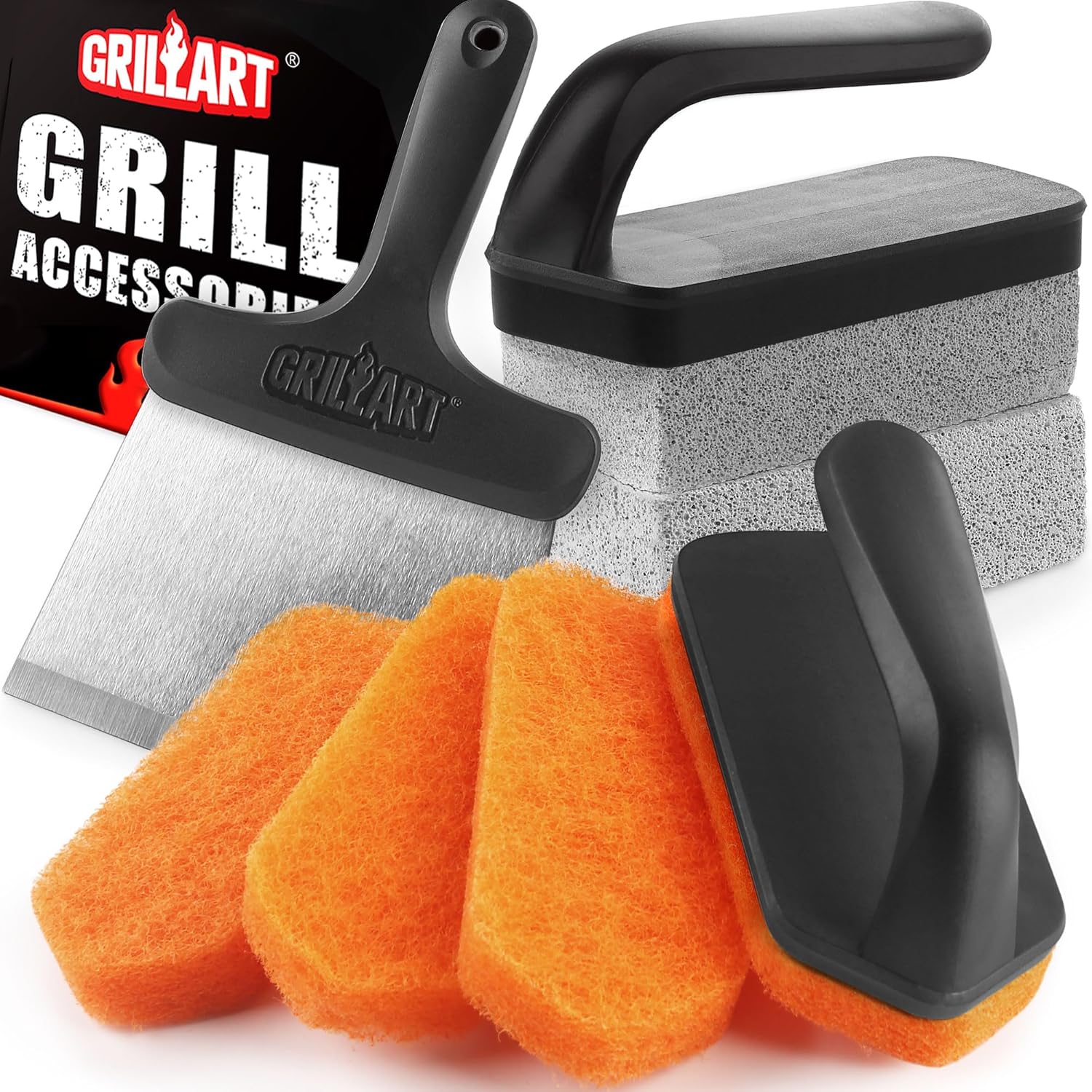 Shows the grill cleaning tools and accessories included with the product to inform buyers of everything they will receive.