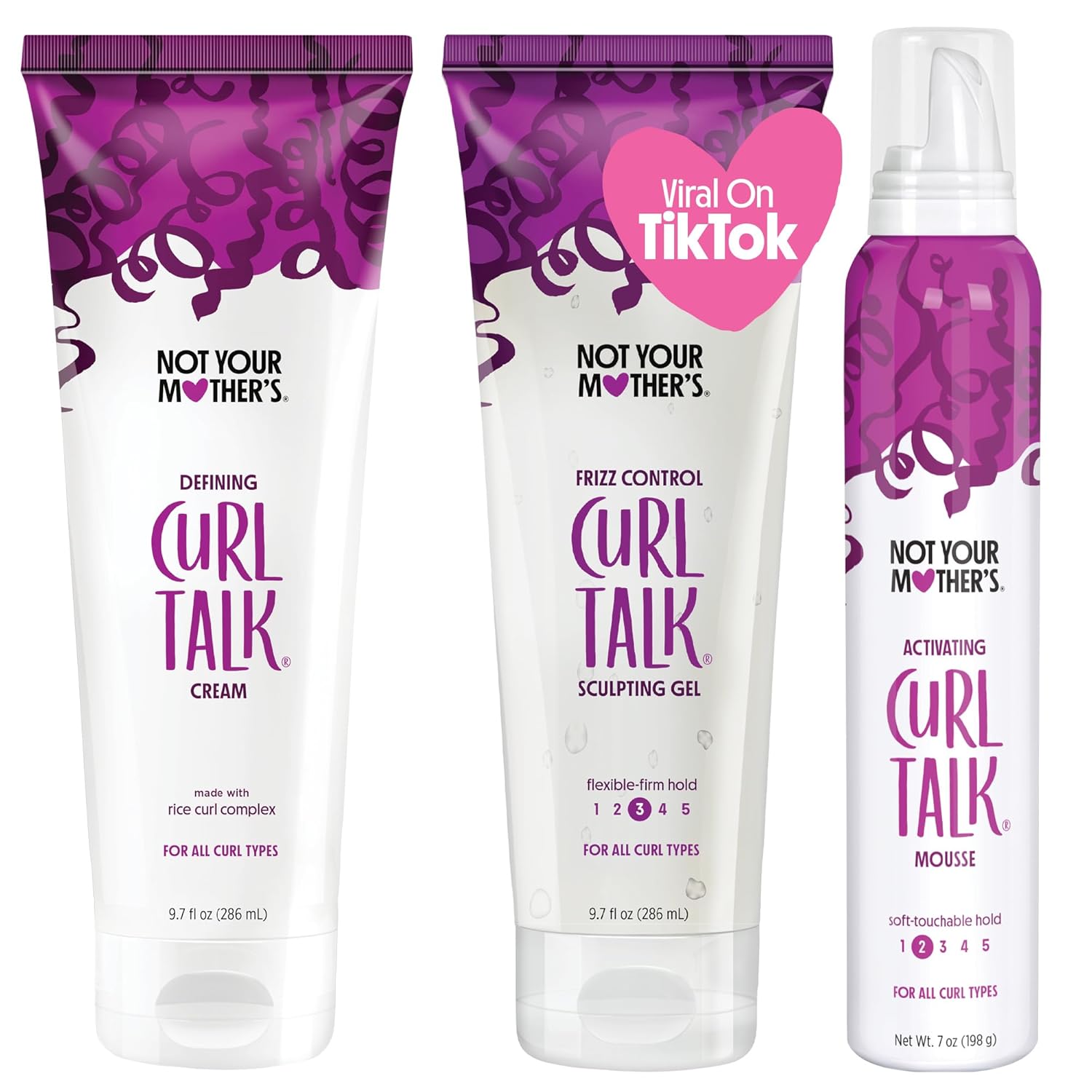 Showcases the different product variations in the Curl Talk line for curly hair, allowing customers to see the full range of offerings.