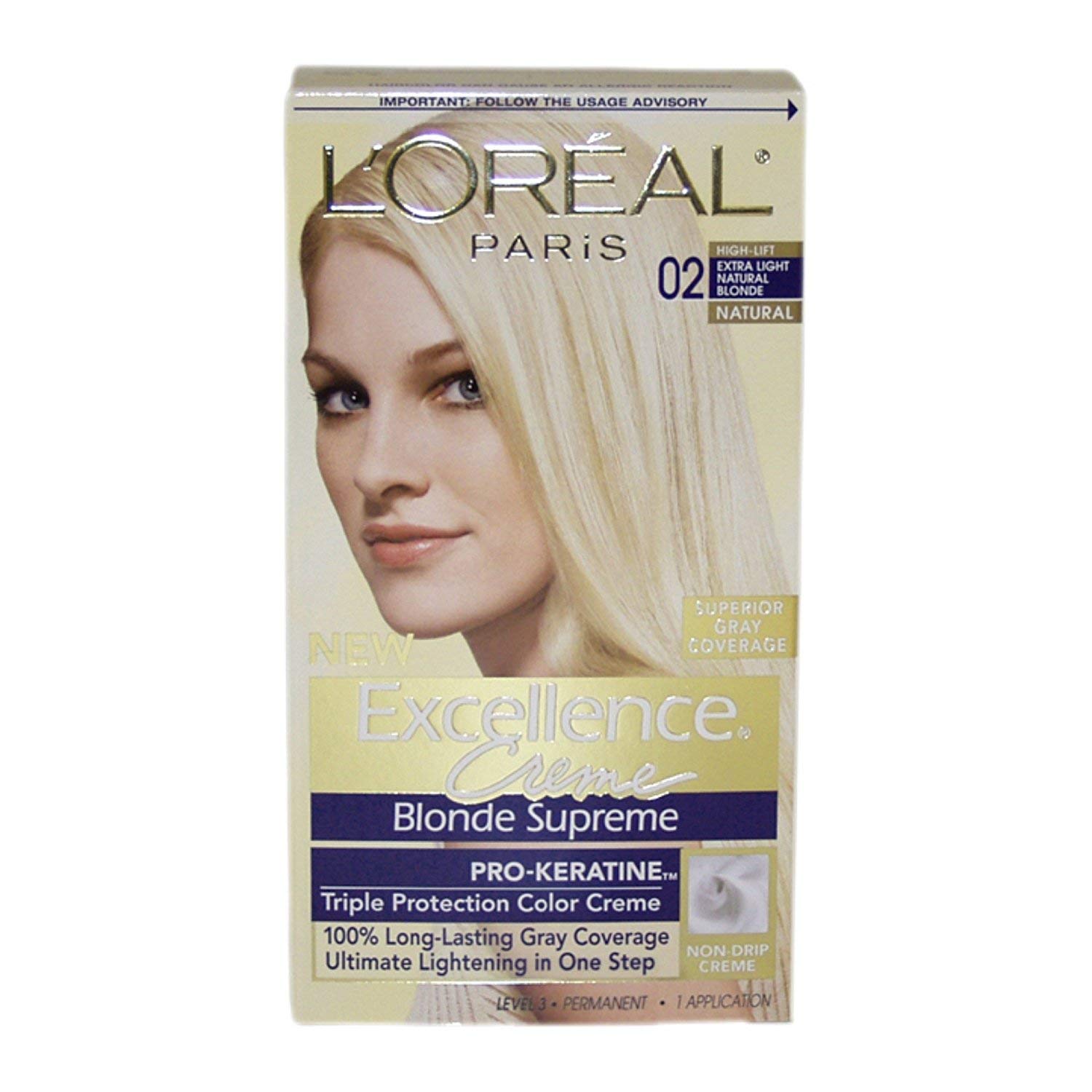 Showcases the product packaging and highlights key features like superior gray coverage and blonde hair color.