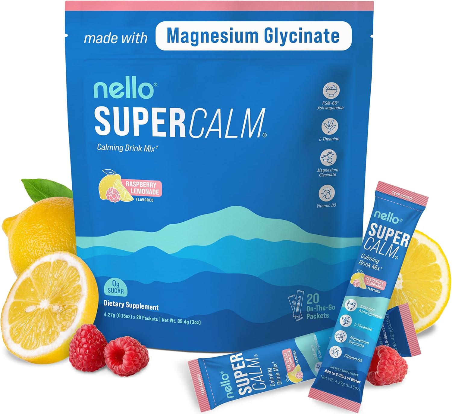 Showcases the product's key ingredients, flavor, and convenient on-the-go packaging to highlight its calming and refreshing benefits.