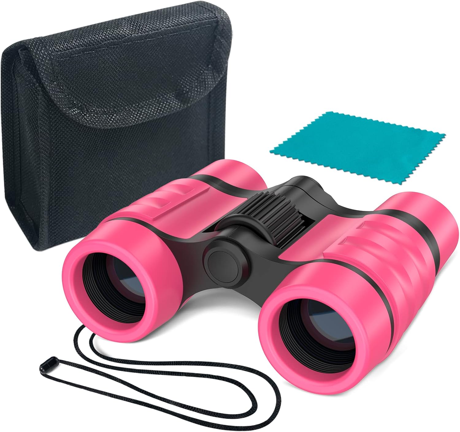 Highlights the binoculars' portability and the included accessories for easy carrying and maintenance.