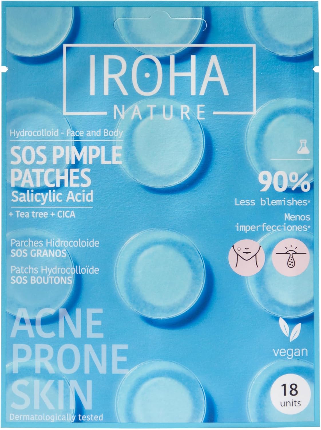 Showcases the product's appearance and highlights its use for treating acne and blemishes. Uses visual elements and text to emphasize the product's effectiveness and natural ingredients.