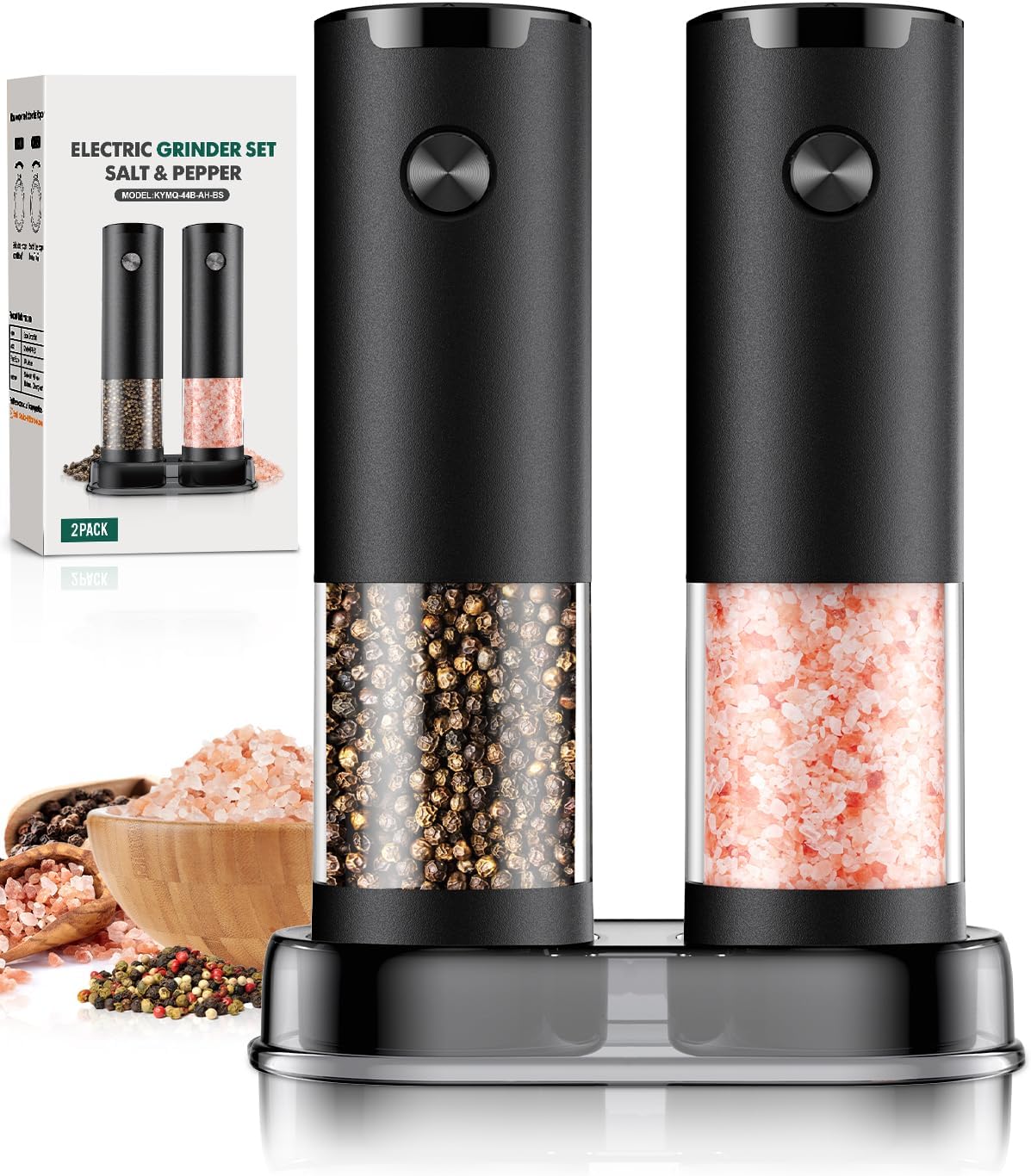 Showcases the product's design and functionality, highlighting the dual grinder set for salt and pepper. Displays the complete set including both grinders and the product packaging to show what the…