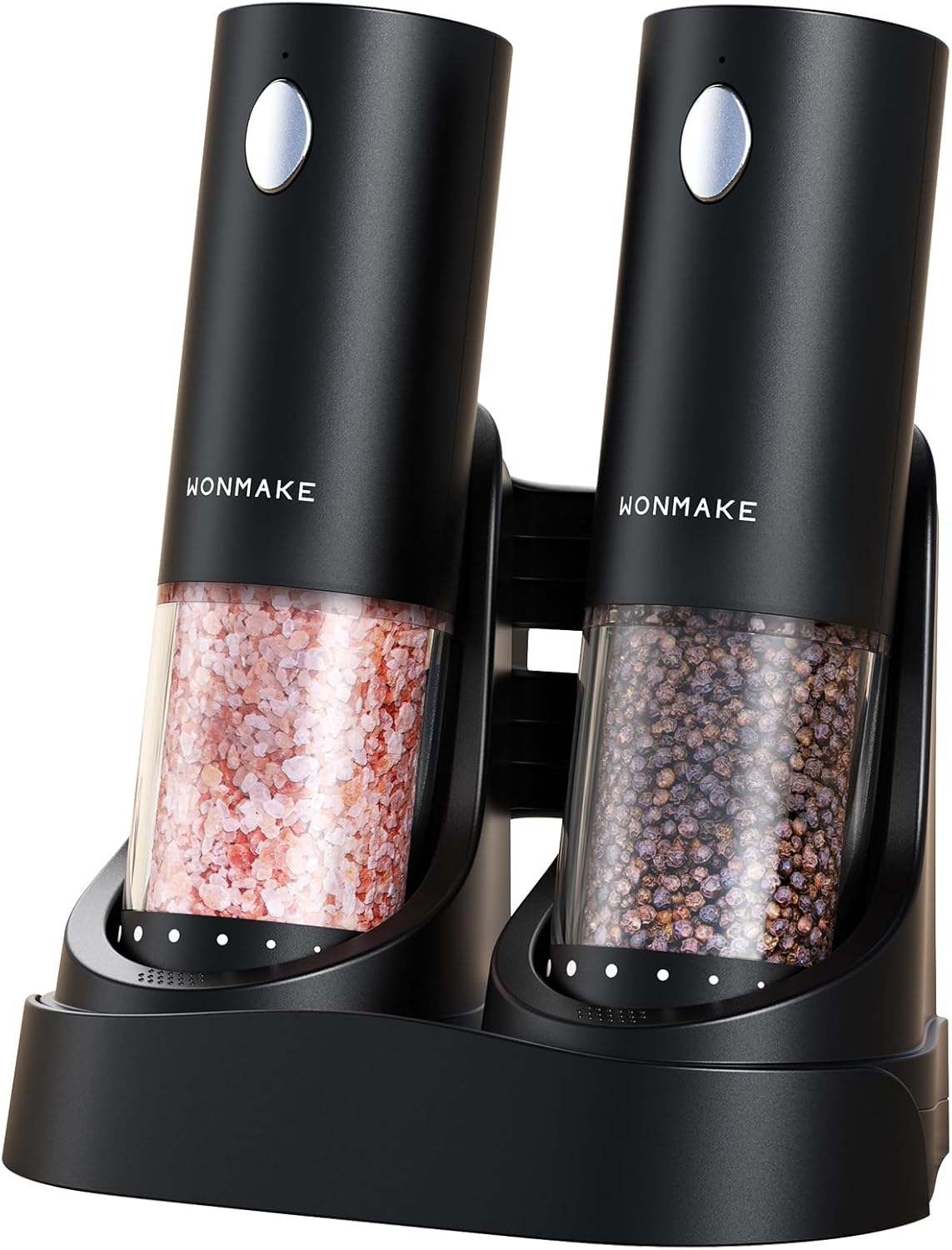 Showcases the sleek design and functionality of the electric salt and pepper grinder set. Displays the complete set including two grinders and the charging base, highlighting the product's…