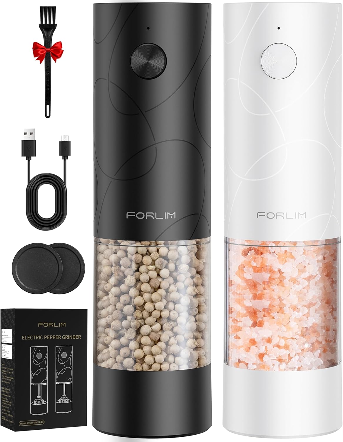 Shows all components included in the purchase, including the main grinders, charging cable, cleaning brush, and additional accessories. Displays the product packaging to communicate brand identity…