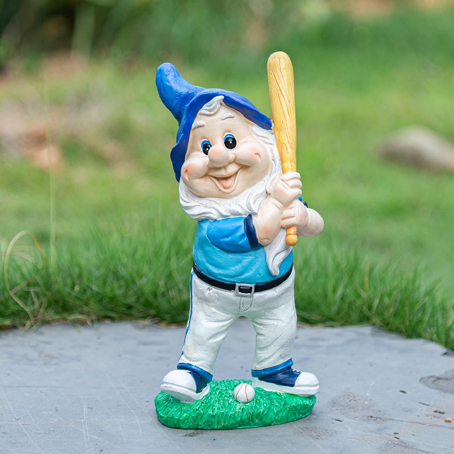 Showcases a whimsical garden gnome figurine with a baseball theme, appealing to customers interested in unique outdoor decorations or sports-themed garden accessories.