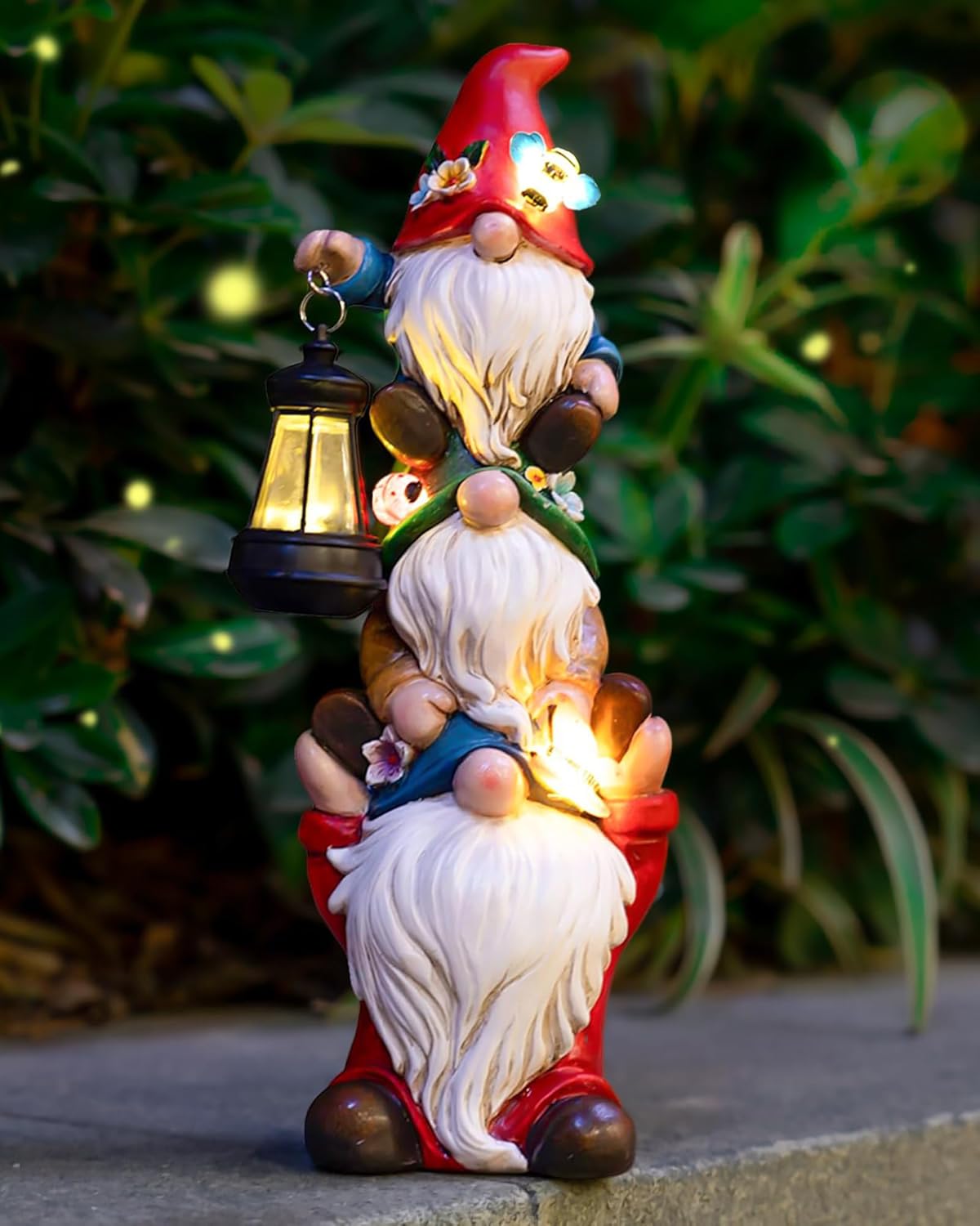 Showcases the product as an attractive and functional garden ornament with built-in lighting features.